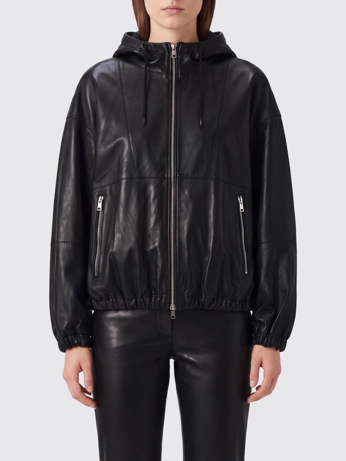TELA Short Lambskin Leather Jacket with Hood and Drawstring TELA Short Lambskin Leather Jacket with Hood and Drawstring