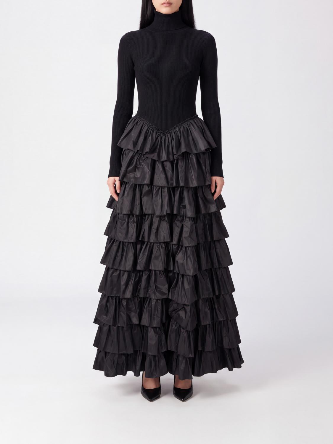 Elisabetta Franchi Long Knit Evening Gown with Turtleneck and Ruffles