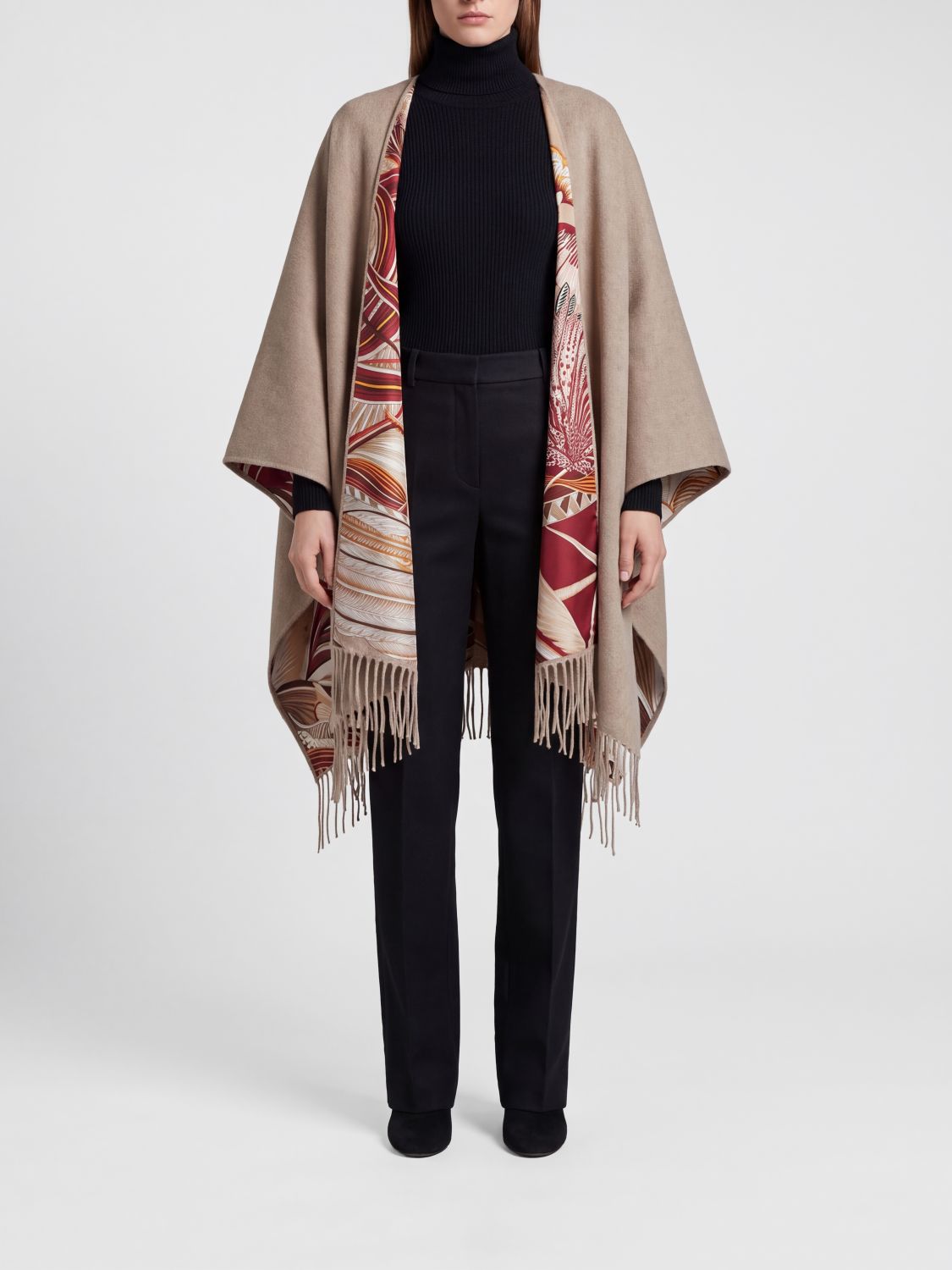 FERRAGAMO Cashmere and Wool Cape with Floral Motif and Fringed Hem