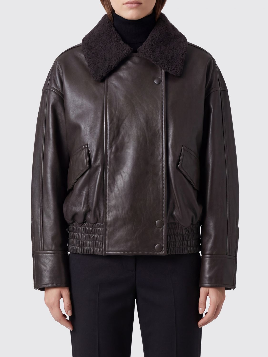 IVY OAK Double-Breasted Nappa Bomber Jacket with Fur Collar