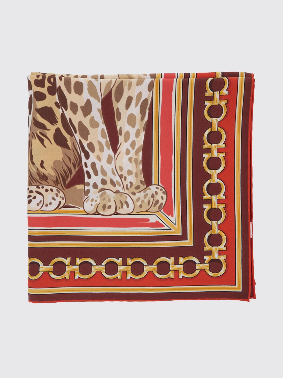 FERRAGAMO Animal Print and Gancini Logo Silk Square Scarf