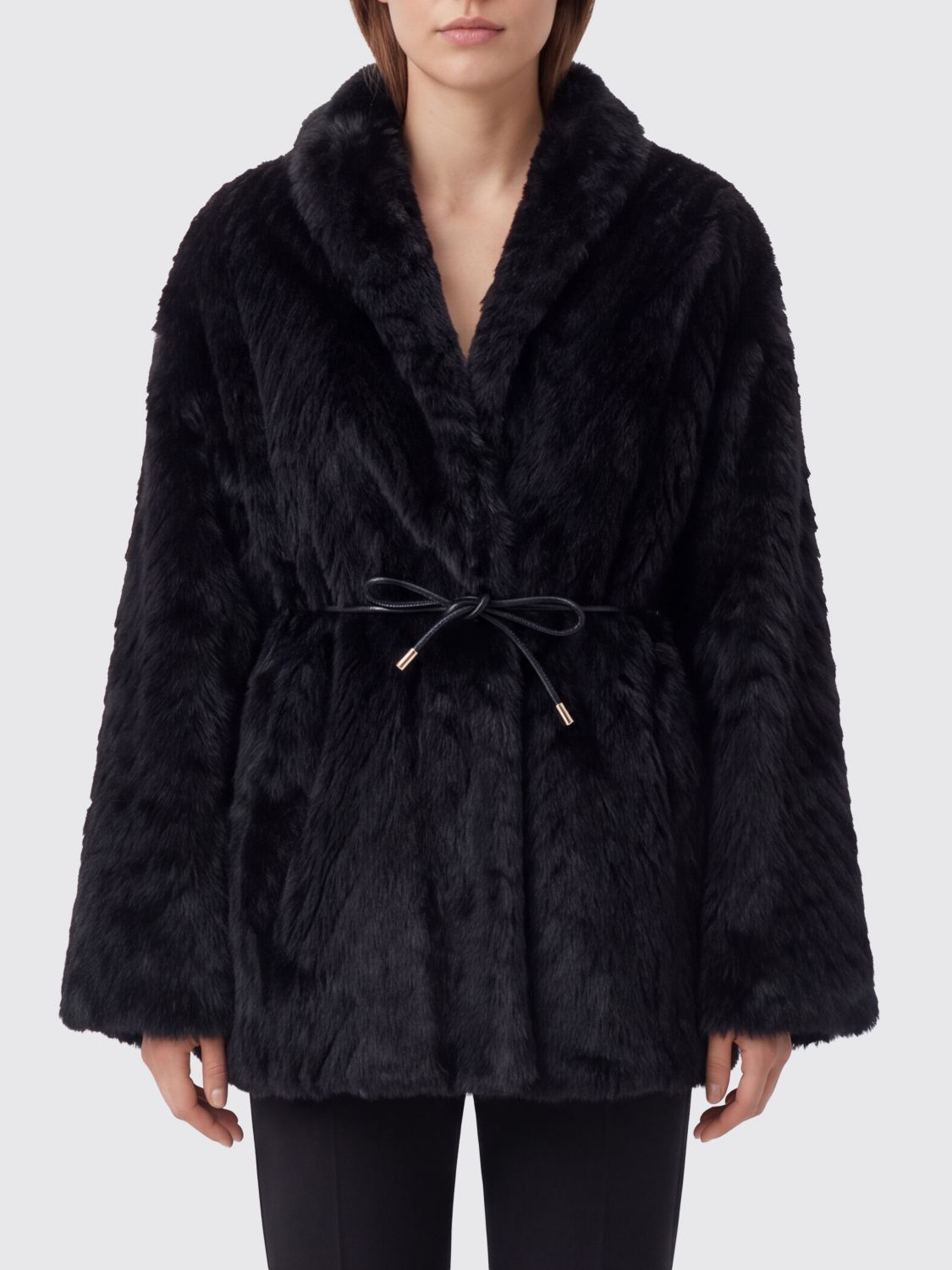 FORTE FORTE Short Faux Fur Jacket with Waist Tie Belt FORTE FORTE Short Faux Fur Jacket with Waist Tie Belt