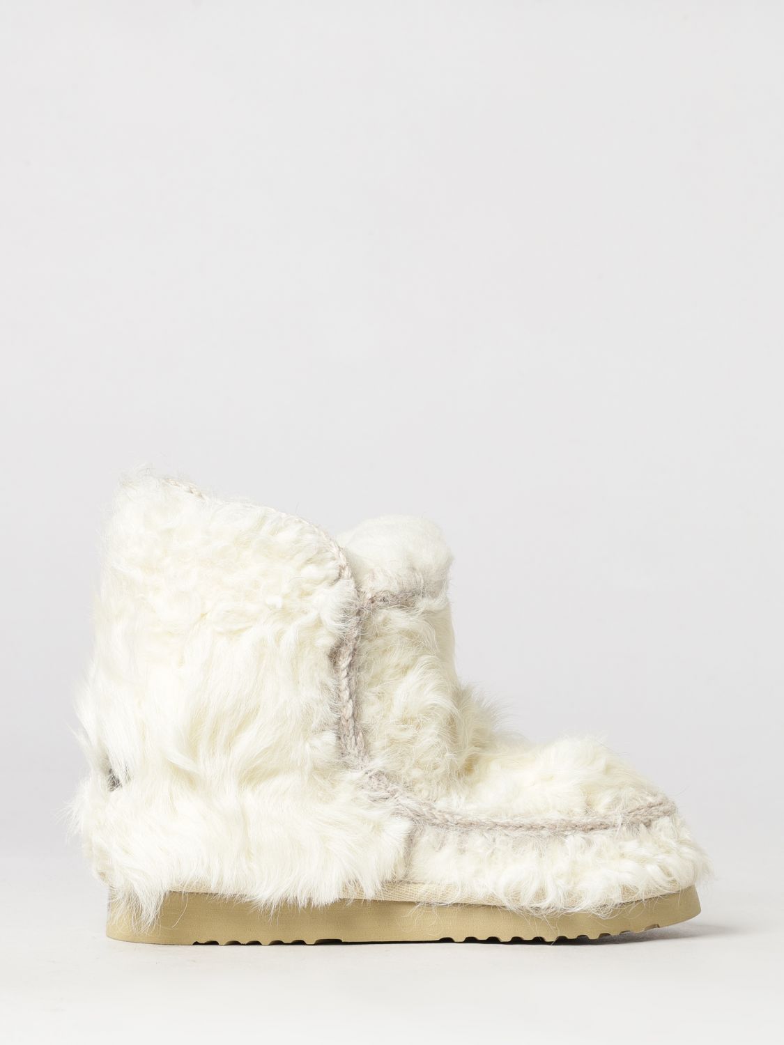 Mou Eskimo White Fur Ankle Boots with Exposed Stitching and Wool Lining