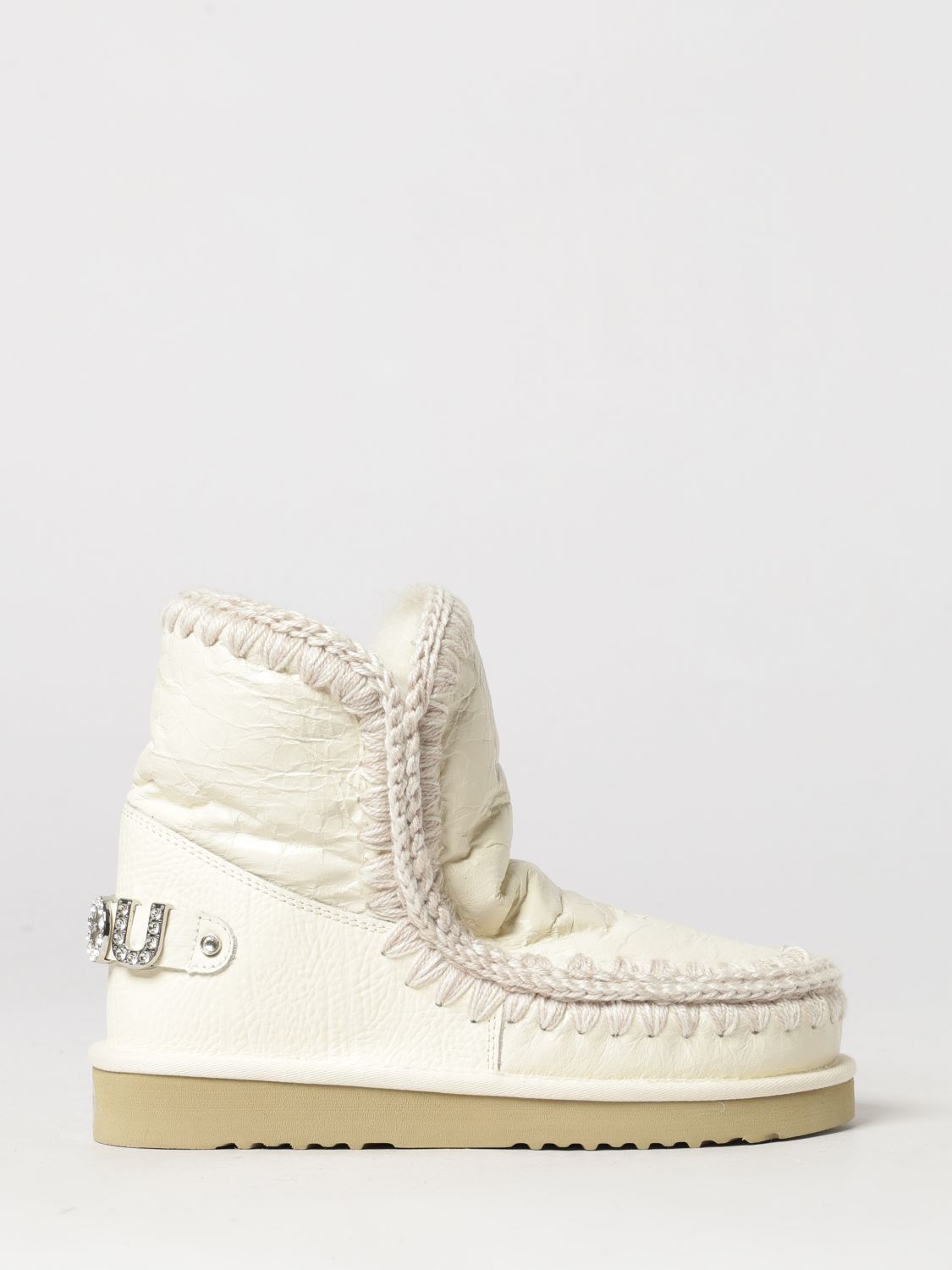Mou Eskimo Crinkled Leather Ankle Boots with Rhinestone Logo