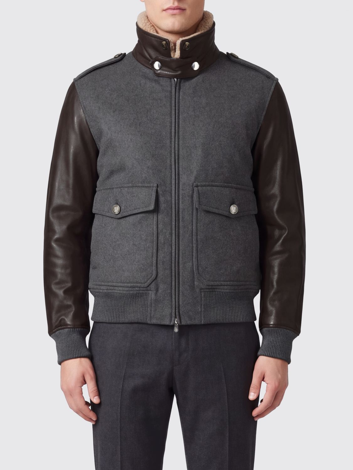 Brunello Cucinelli Cashmere Bomber Jacket with Fur Collar and Leather Details