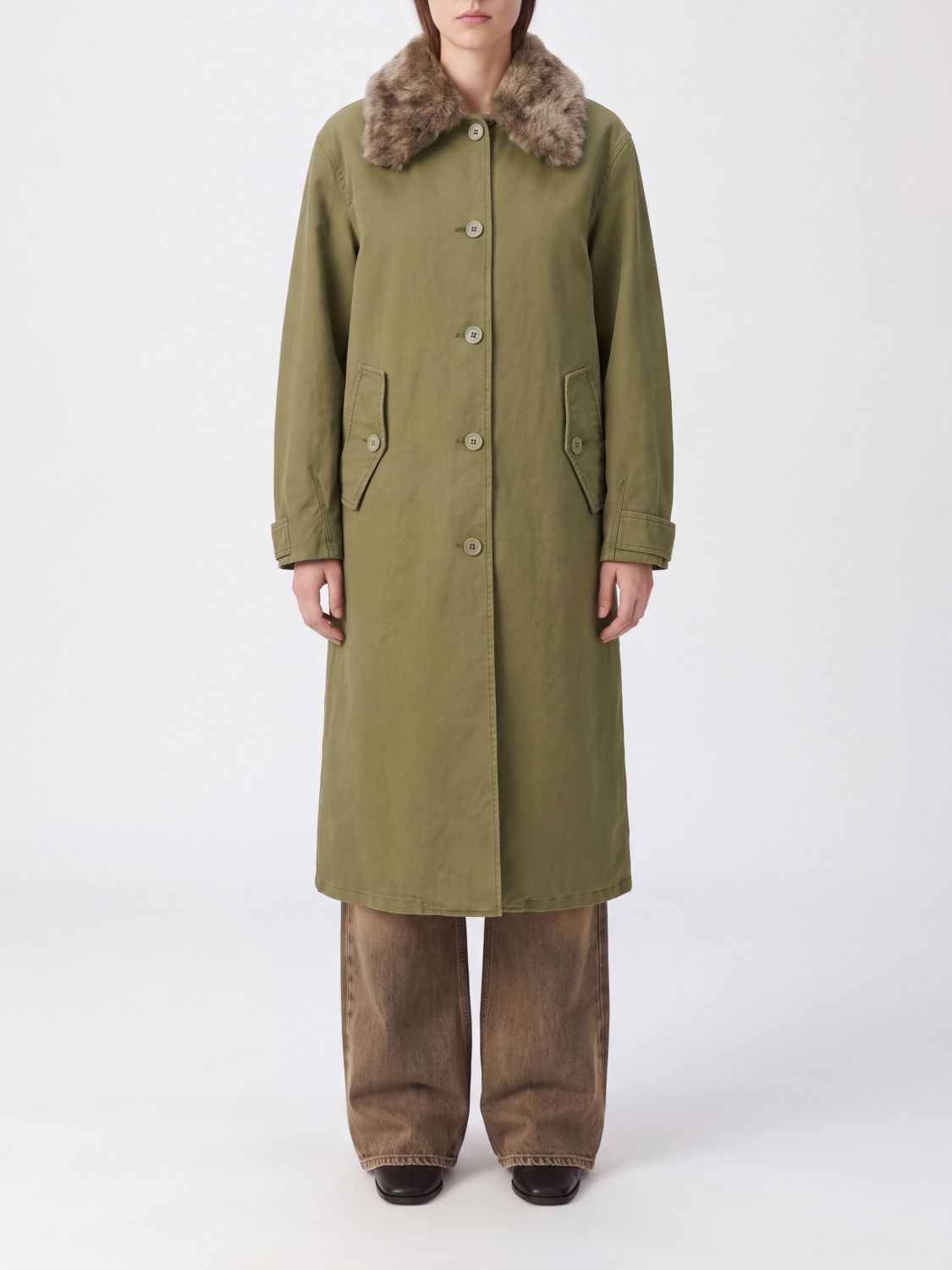 OUR LEGACY Long Cotton Trench Coat with Contrasting Fur Collar