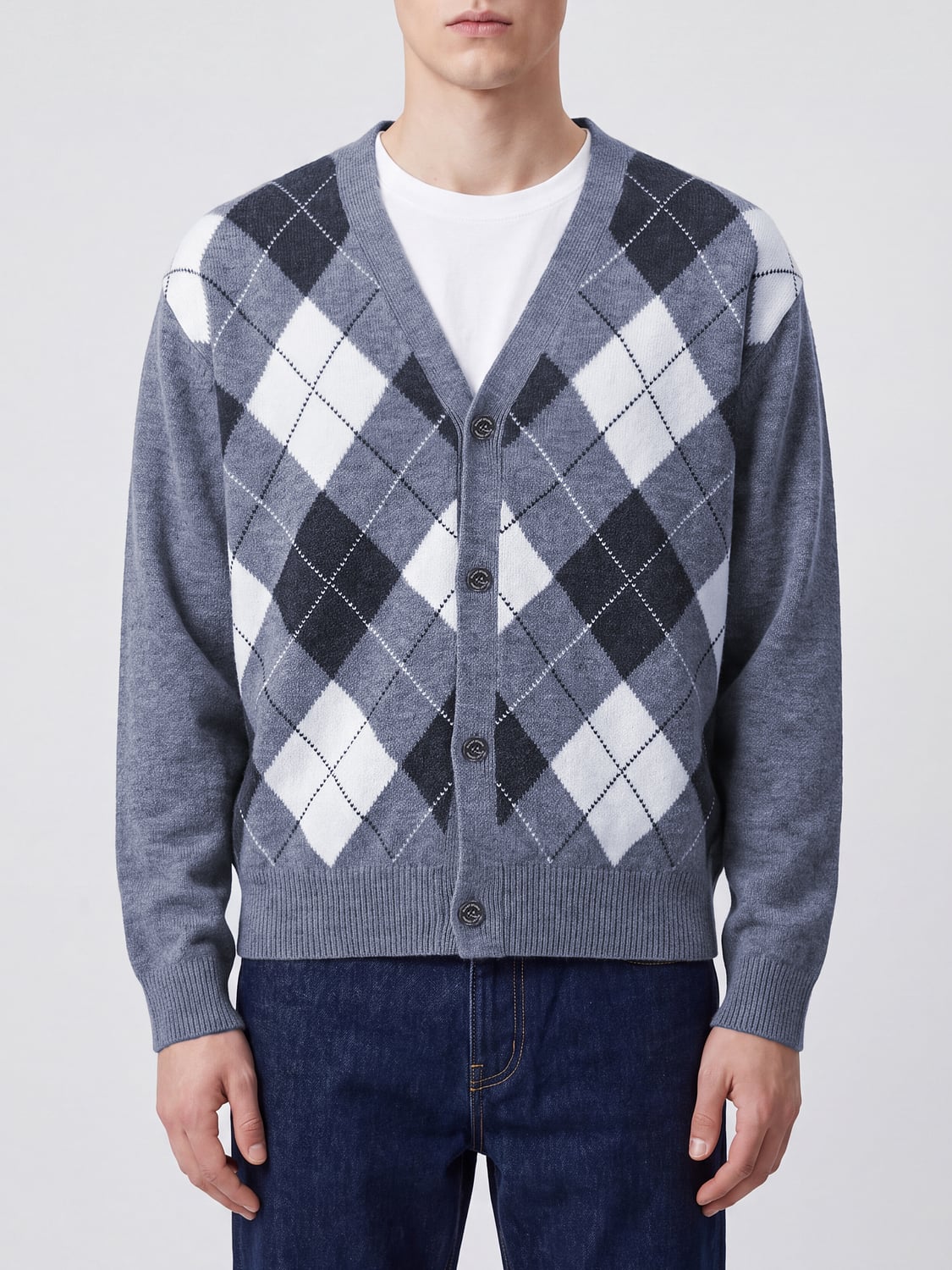 Dunst Argyle V-Neck Cardigan in Pure Wool
