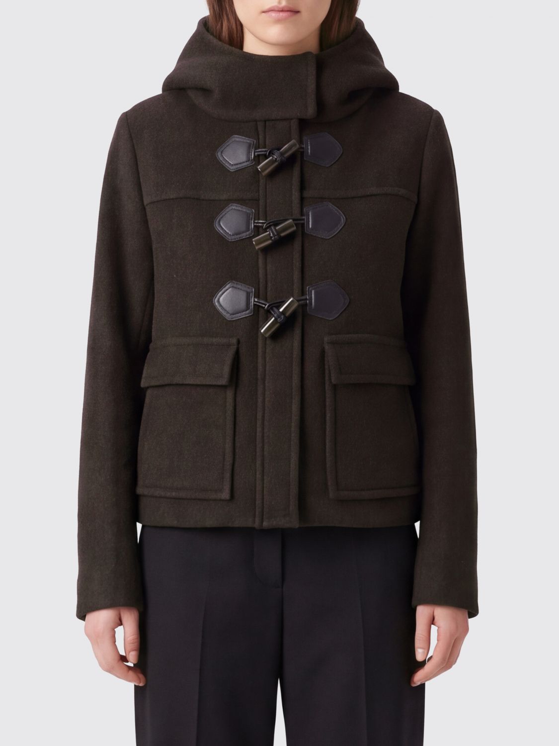 GANNI Short Duffle Coat in Wool and Cashmere Blend with Hood