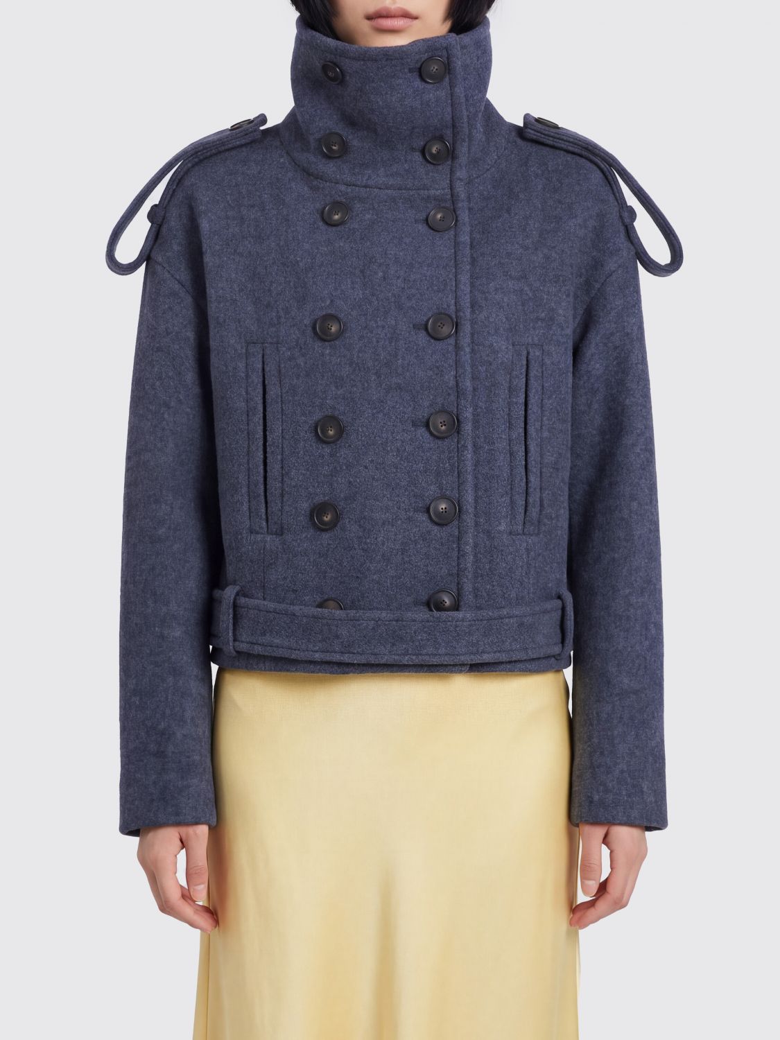 7 FOR ALL MANKIND Double-Breasted Short Wool Coat with Dropped Shoulders