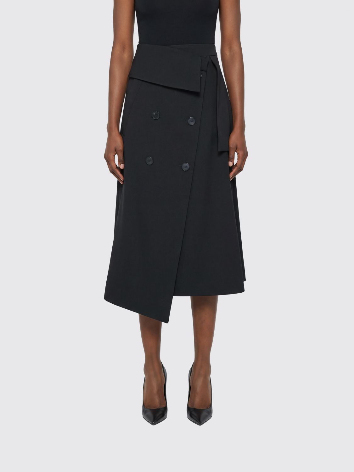 ROHE Mid-Rise Asymmetrical Midi Wrap Skirt in Virgin Wool Blend