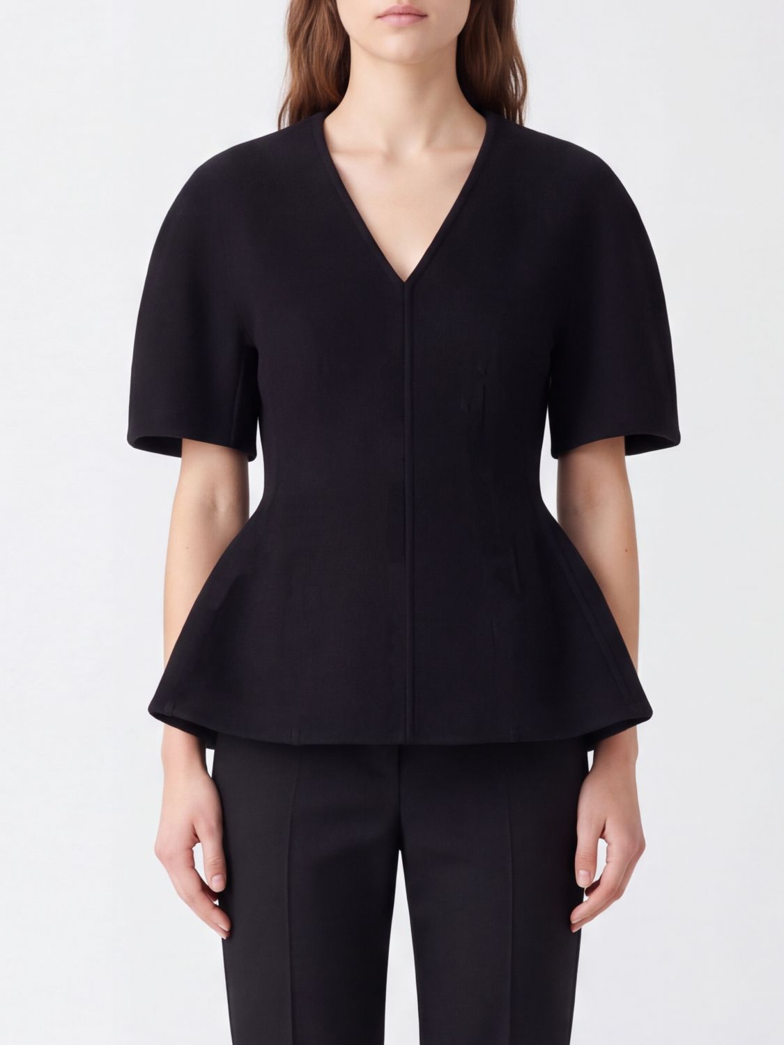 LISA YANG V-Neck Wool and Cashmere Short-Sleeve Top with Ruffles LISA YANG V-Neck Wool and Cashmere Short-Sleeve Top with Ruffles