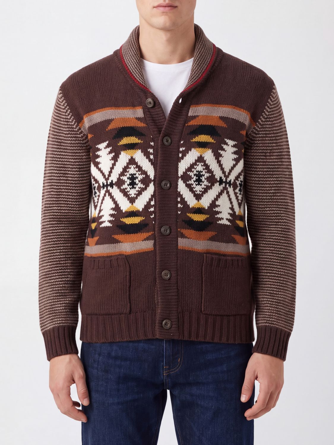 FAY Ethnic Pattern Wool Cardigan with V-Neck
