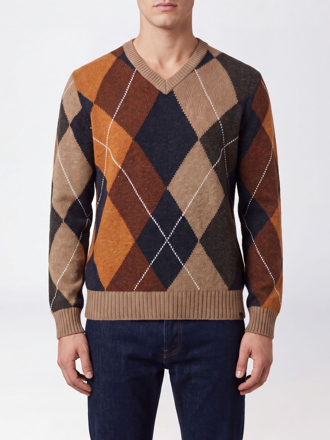 FAY Argyle Wool Jumper with V-Neck