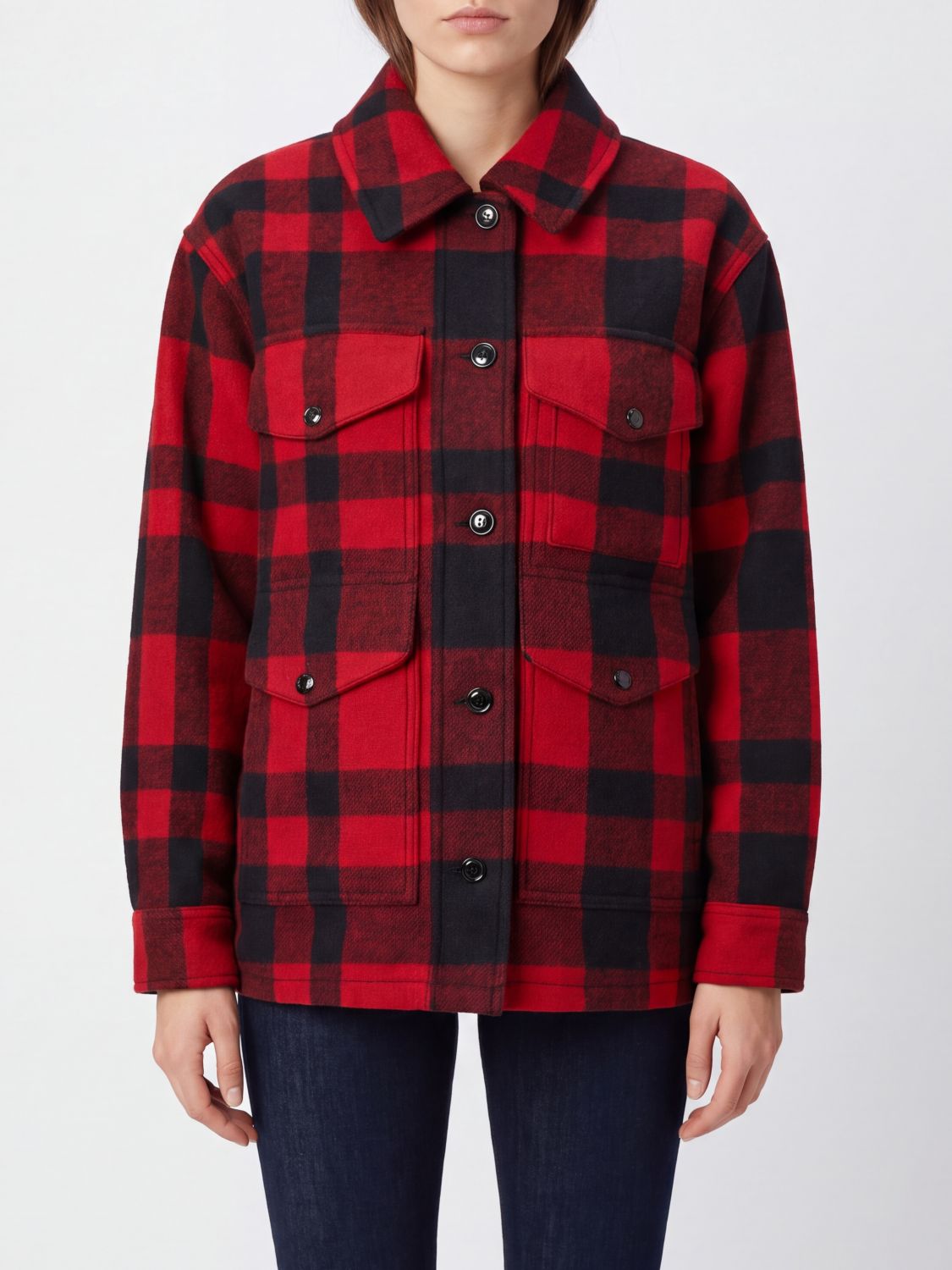 Filson Tartan Wool Shirt Jacket With Flap Pockets In Red