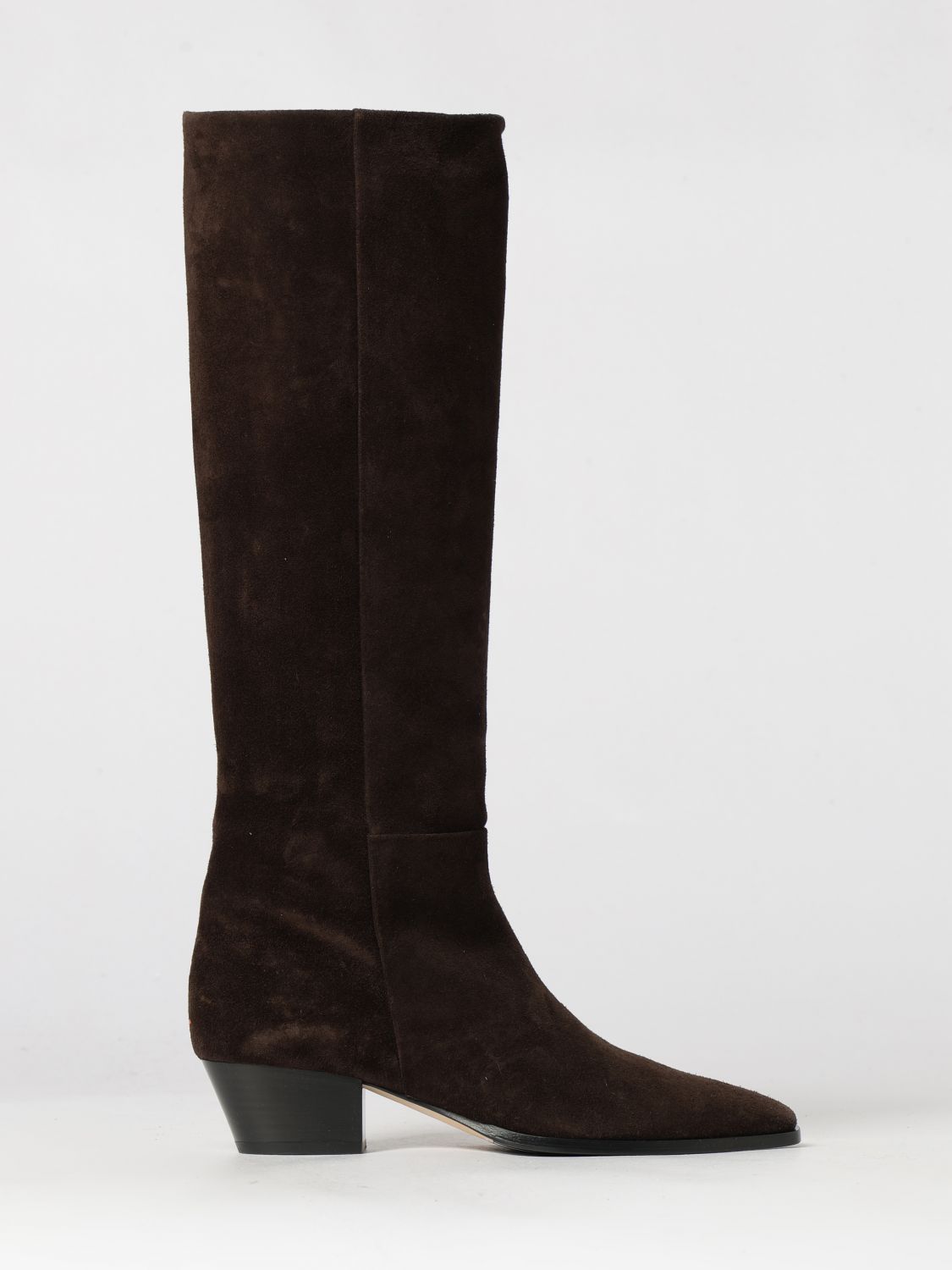 Aeyde Medea Knee-High Suede Boots with a Tapered Toe and Flared Heel