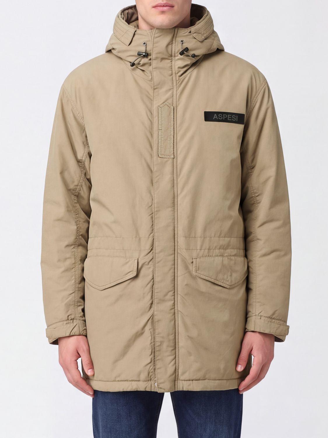 Aspesi Knee-Length Hooded Parka with Padded Hood and Drawstring
