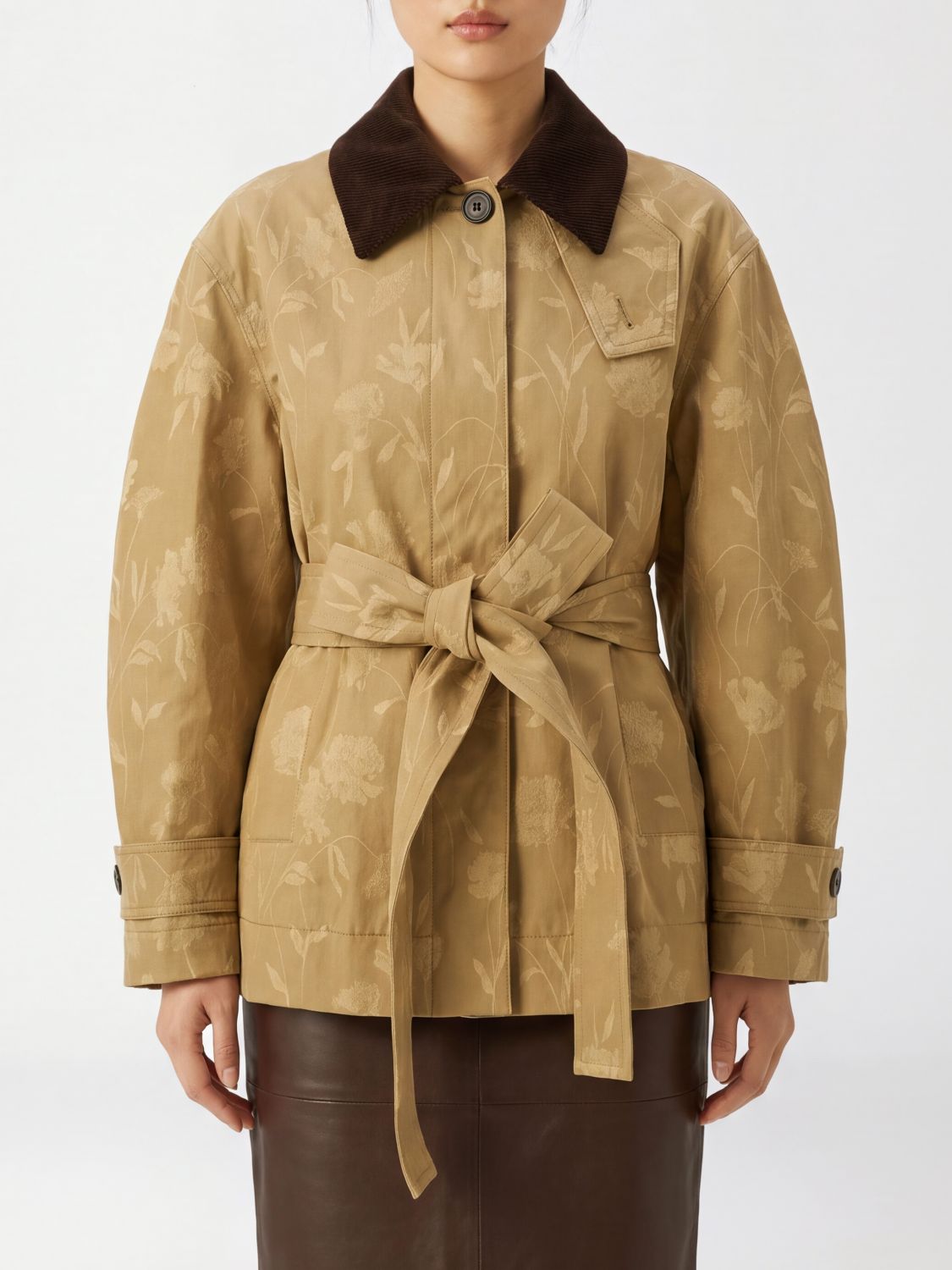 ERDEM Floral Cotton Short Trench Coat with Belt and Velvet Collar ERDEM Floral Cotton Short Trench Coat with Belt and Velvet Collar