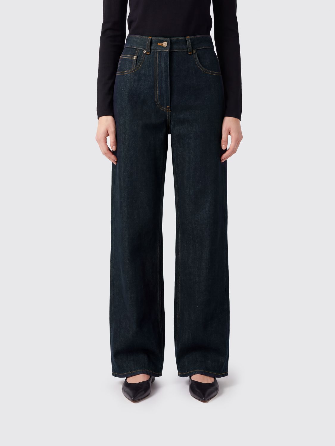 THOM BROWNE High-Waisted Wide Leg Jeans in Navy Cotton Denim