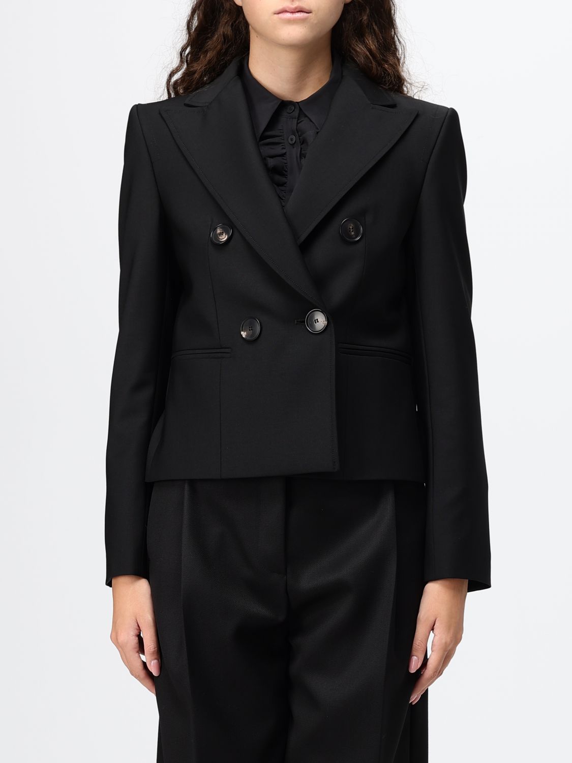 TELA Double-Breasted Cropped Blazer with Peak Lapels TELA Double-Breasted Cropped Blazer with Peak Lapels
