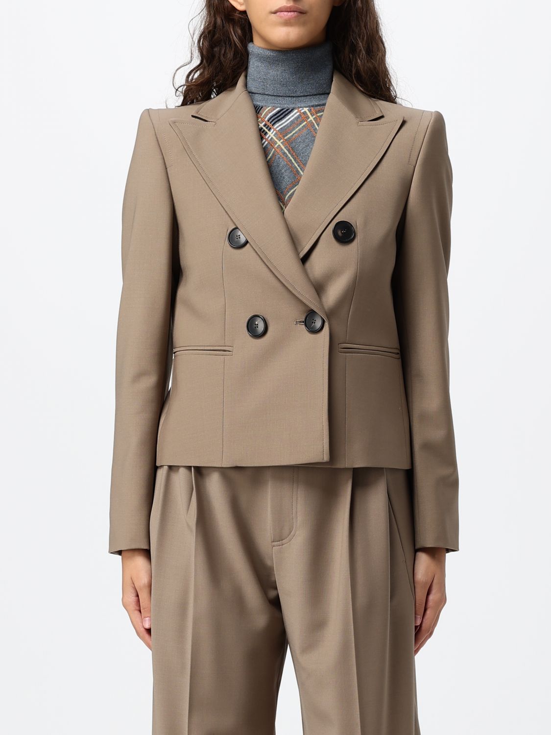 TELA Double-Breasted Cropped Blazer with Peak Lapels TELA Double-Breasted Cropped Blazer with Peak Lapels