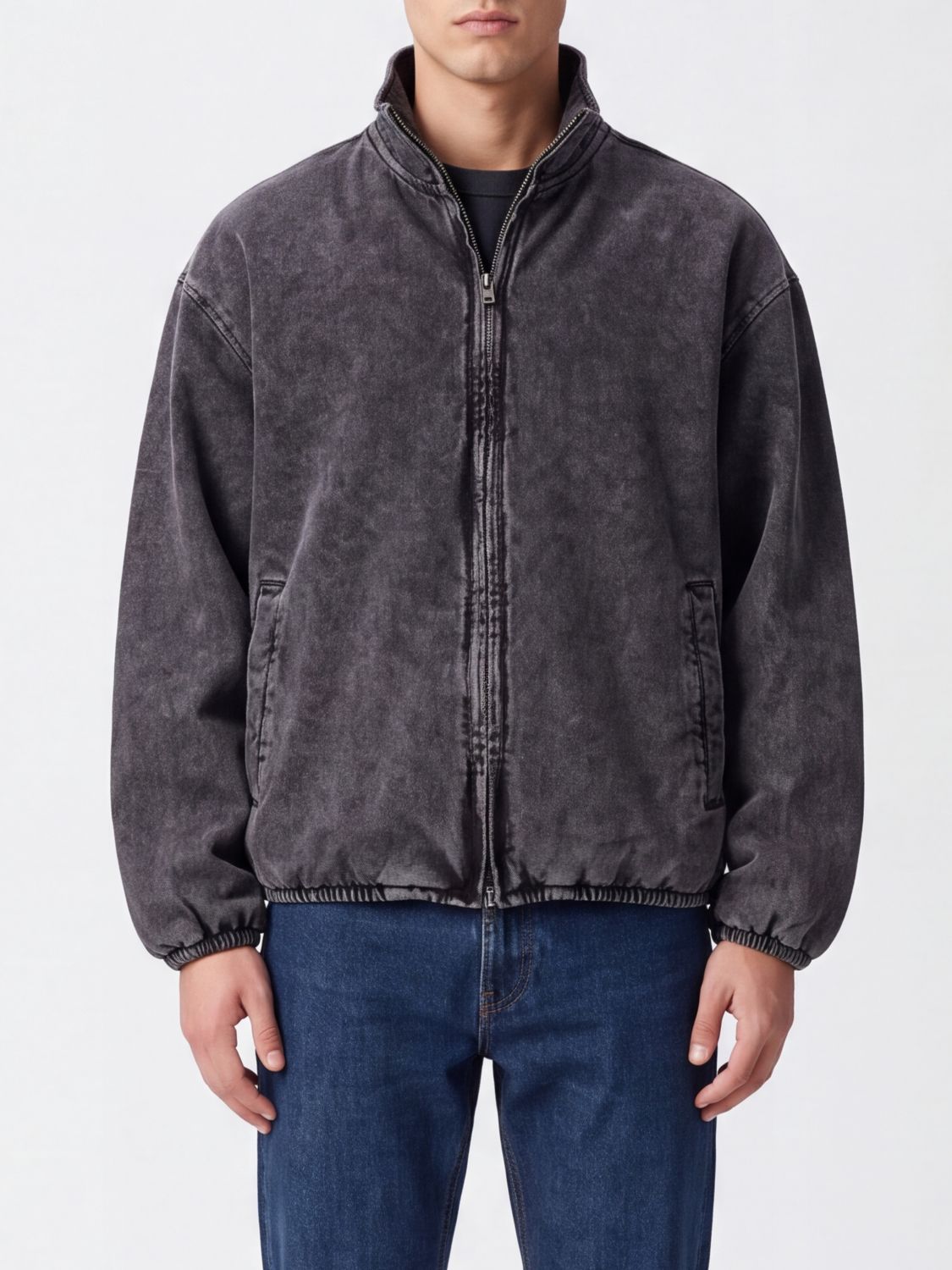 Diesel Relaxed Fit Cotton Denim Bomber Jacket with High Neck and Dropped Shoulders