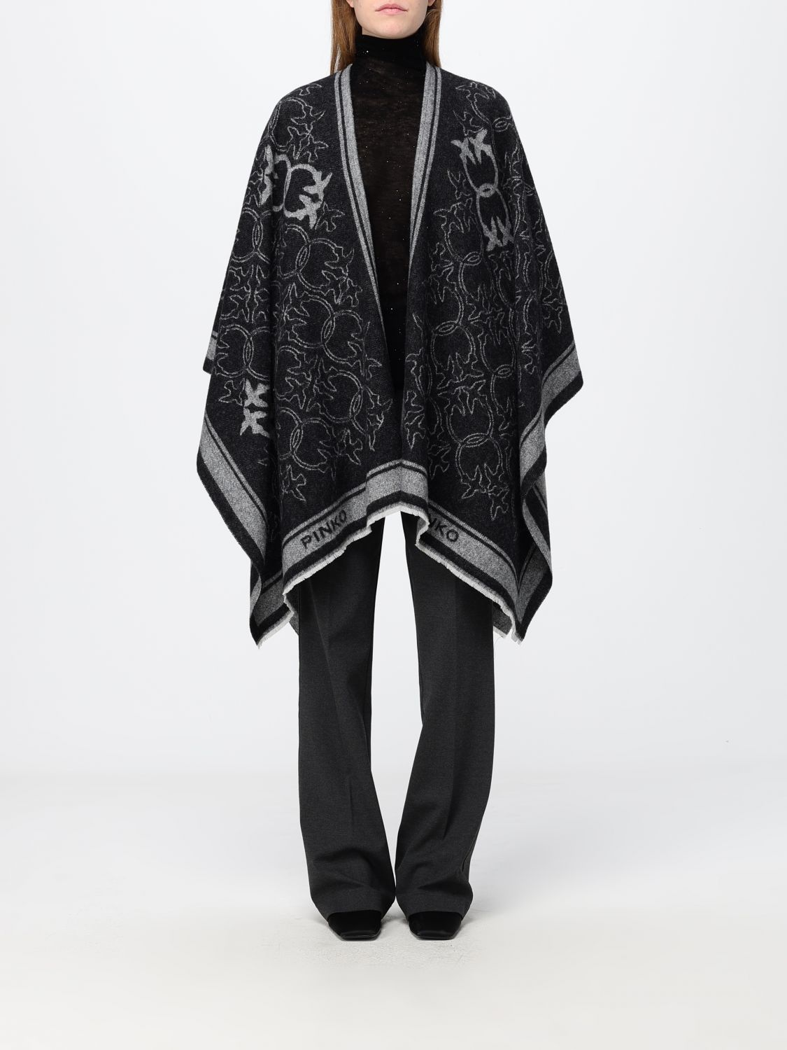 PINKO Asymmetrical Knee-Length Wool Cape with Love Birds Logo