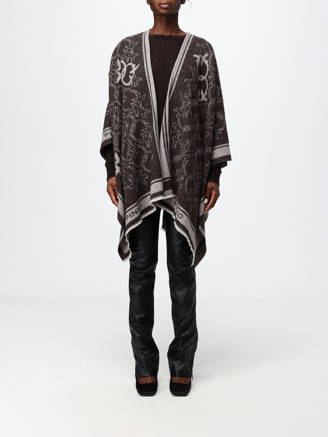 PINKO Asymmetrical Knee-Length Wool Cape with Love Birds Logo
