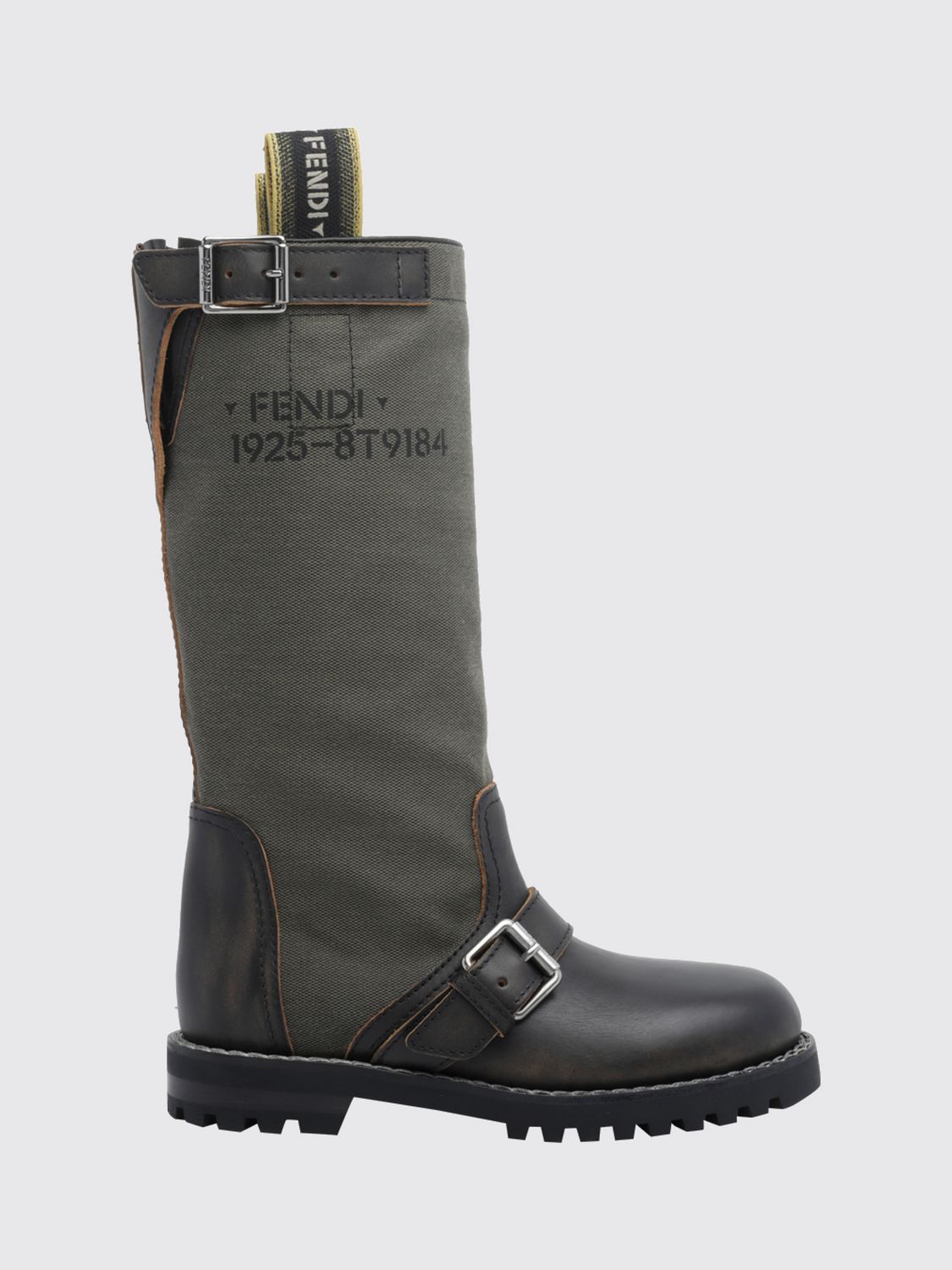 Fendi Commando Biker Boots in Leather and Canvas with Logo and Notched Sole