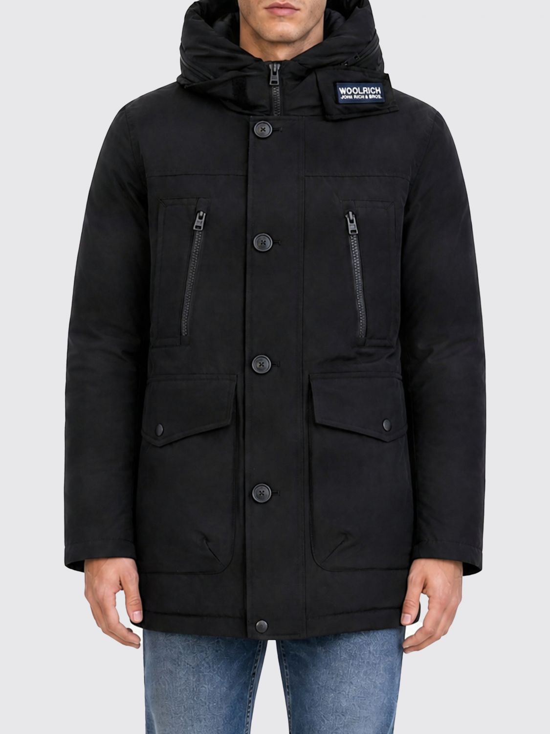 Woolrich Knee-Length Hooded Parka in Cotton Blend with Button Closure