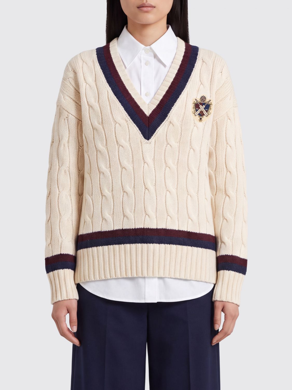 Zimmermann V-Neck Wool Jumper with Crest and Contrast Trims