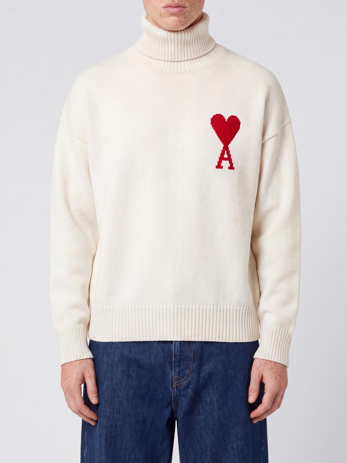 AMI PARIS Jacquard Logo Wool Turtleneck Jumper with Dropped Shoulders