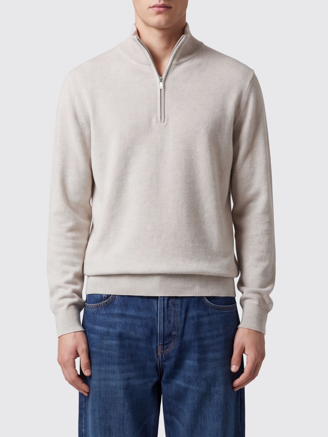 Brunello Cucinelli Pure Cashmere Half-Zip Turtleneck Jumper with Ribbed Trims