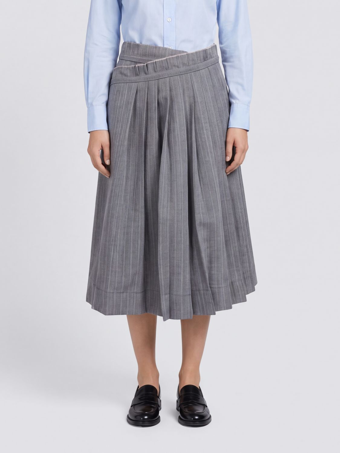 DRIES VAN NOTEN Pleated Chevron Wool Midi Skirt with a Wrap-Around Design