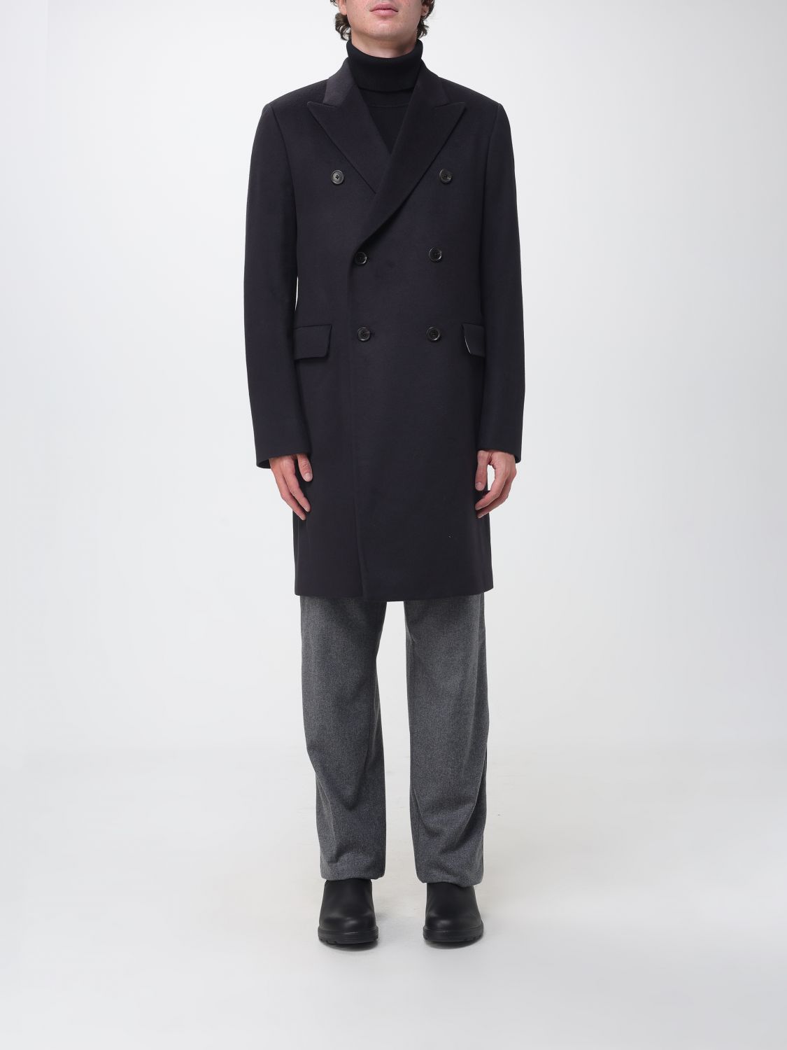 Paul Smith Double-Breasted Knee-Length Coat in Wool and Cashmere Blend with Lapels