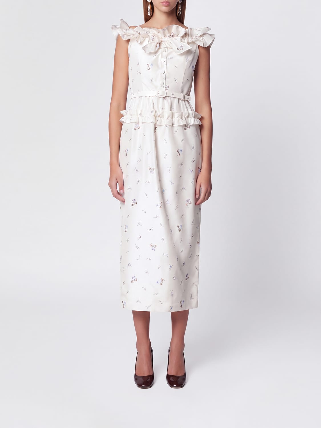 ALESSANDRA RICH Off-the-Shoulder Floral-Embroidered Silk Midi Sheath Dress