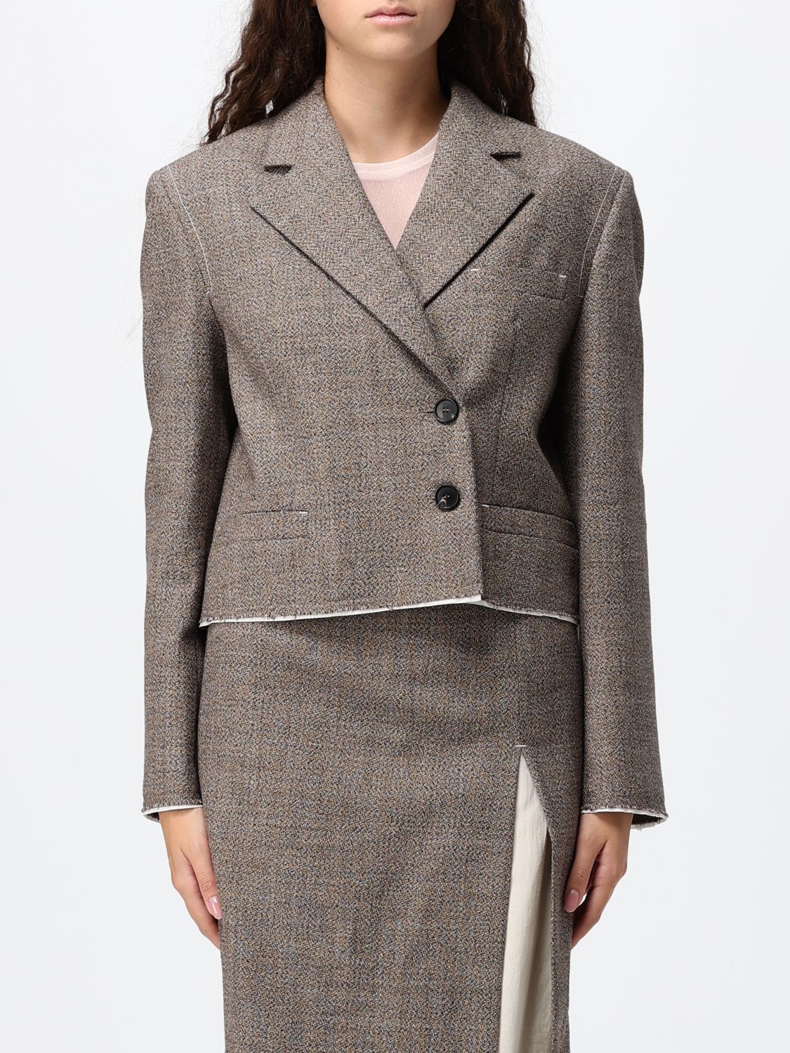 TELA Cropped Double-Breasted Blazer in Pure Virgin Wool with Padded Shoulders TELA Cropped Double-Breasted Blazer in Pure Virgin Wool with Padded Shoulders