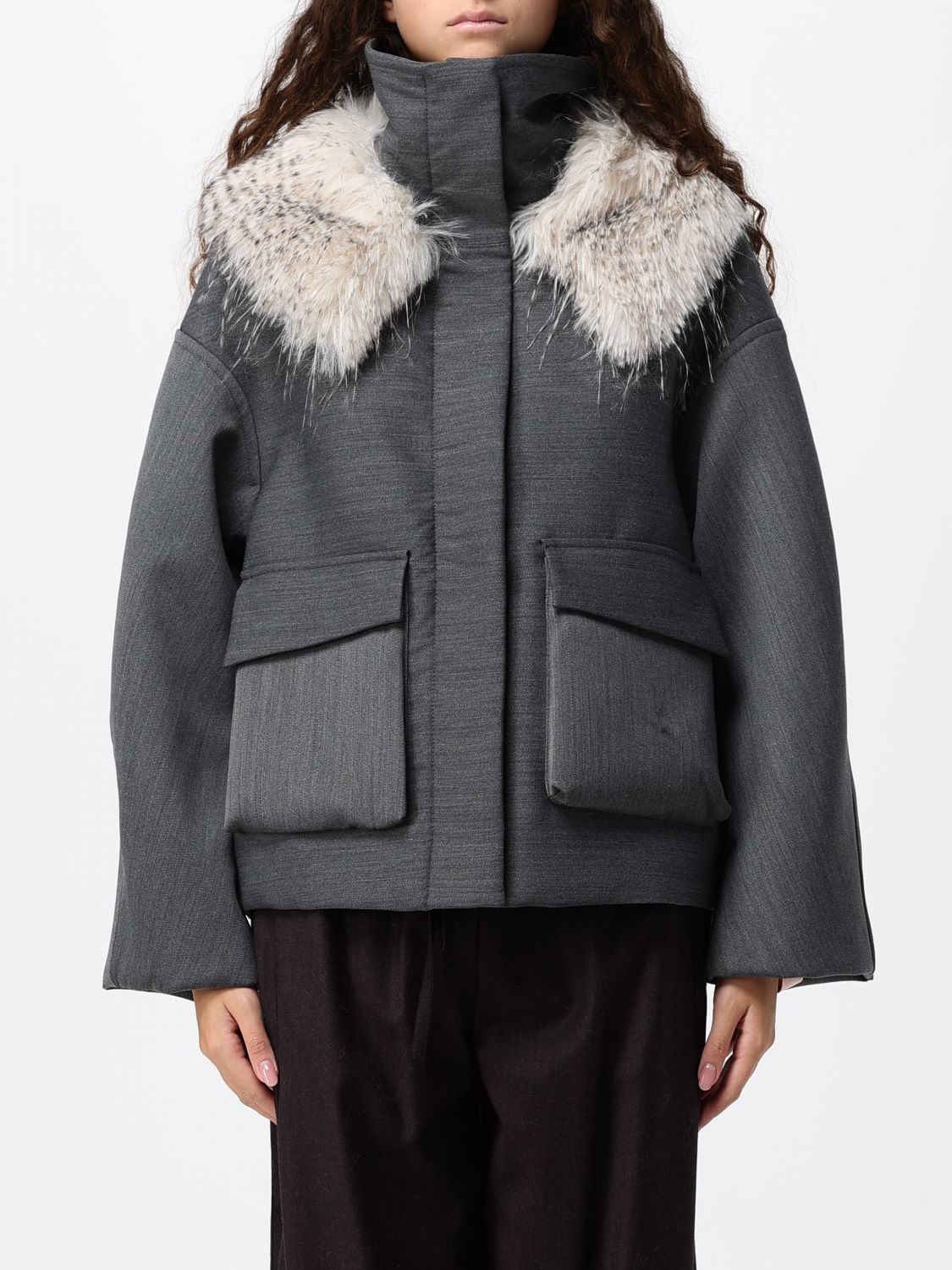 TELA Short Coat in Virgin Wool Blend with Fur Collar TELA Short Coat in Virgin Wool Blend with Fur Collar