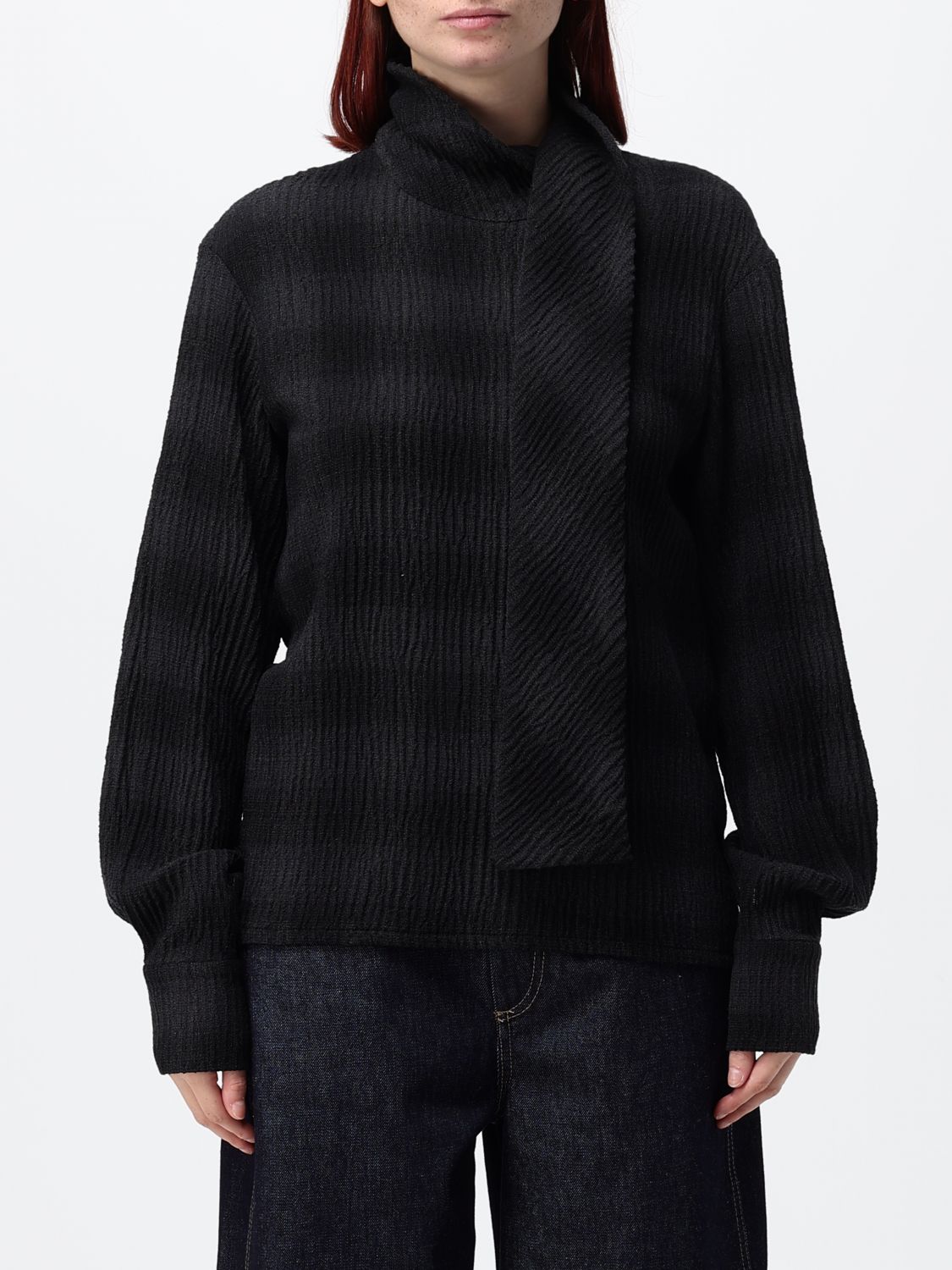 TELA Check Wool-Blend Blouse with Pussy-Bow Neck and Dropped Shoulders TELA Check Wool-Blend Blouse with Pussy-Bow Neck and Dropped Shoulders