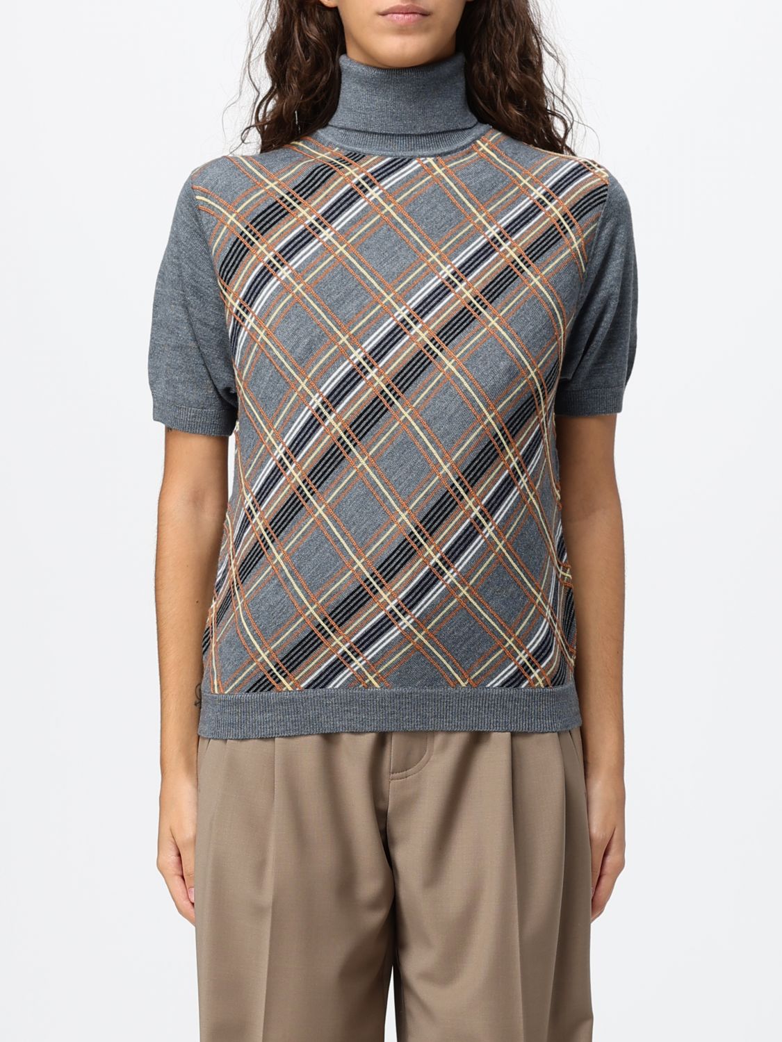 TELA Striped Short-Sleeved Turtleneck Jumper in a Wool Blend TELA Striped Short-Sleeved Turtleneck Jumper in a Wool Blend