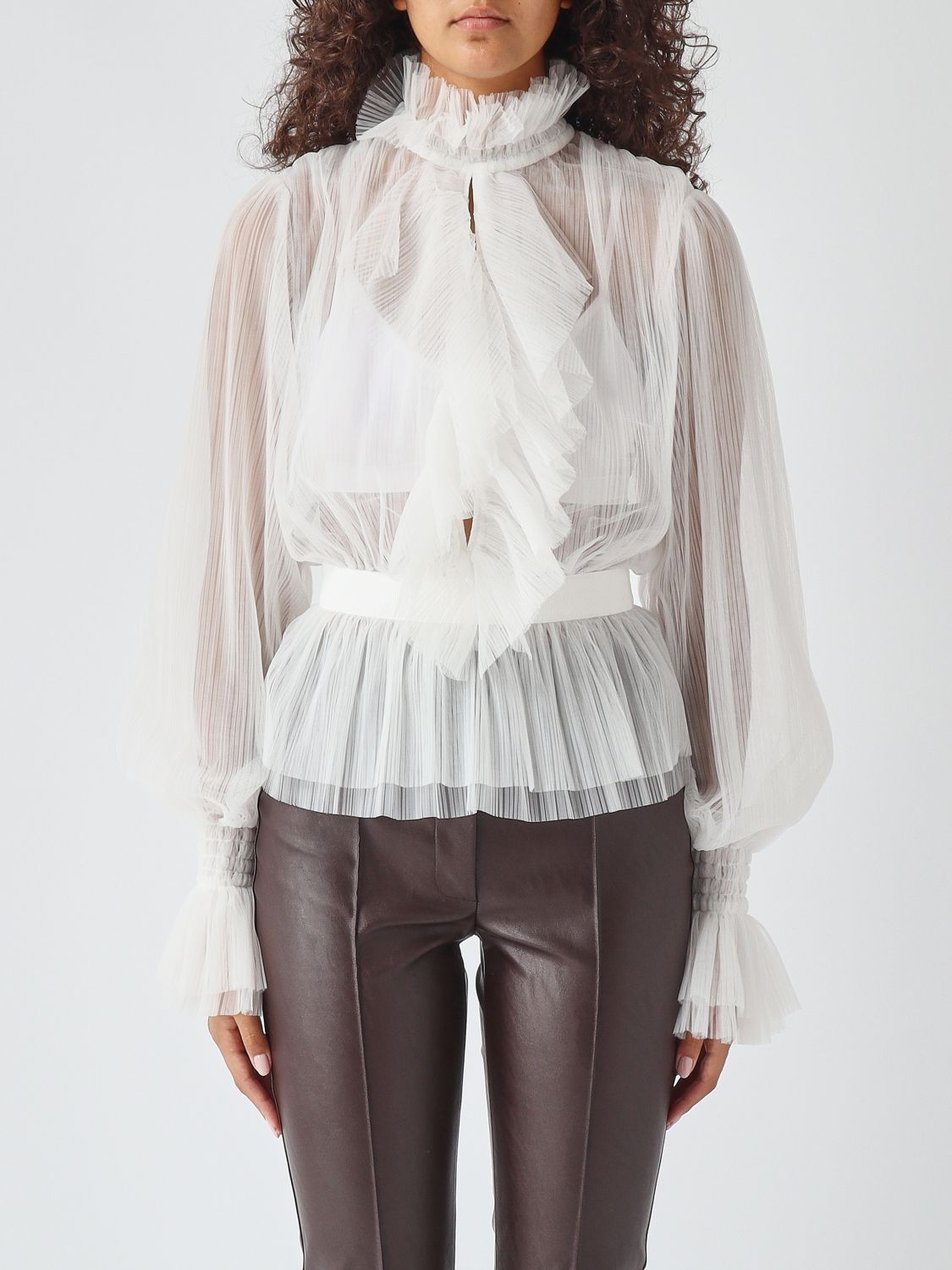 Elisabetta Franchi Sheer Tulle Blouse with Ruffled Collar and Puff Sleeves
