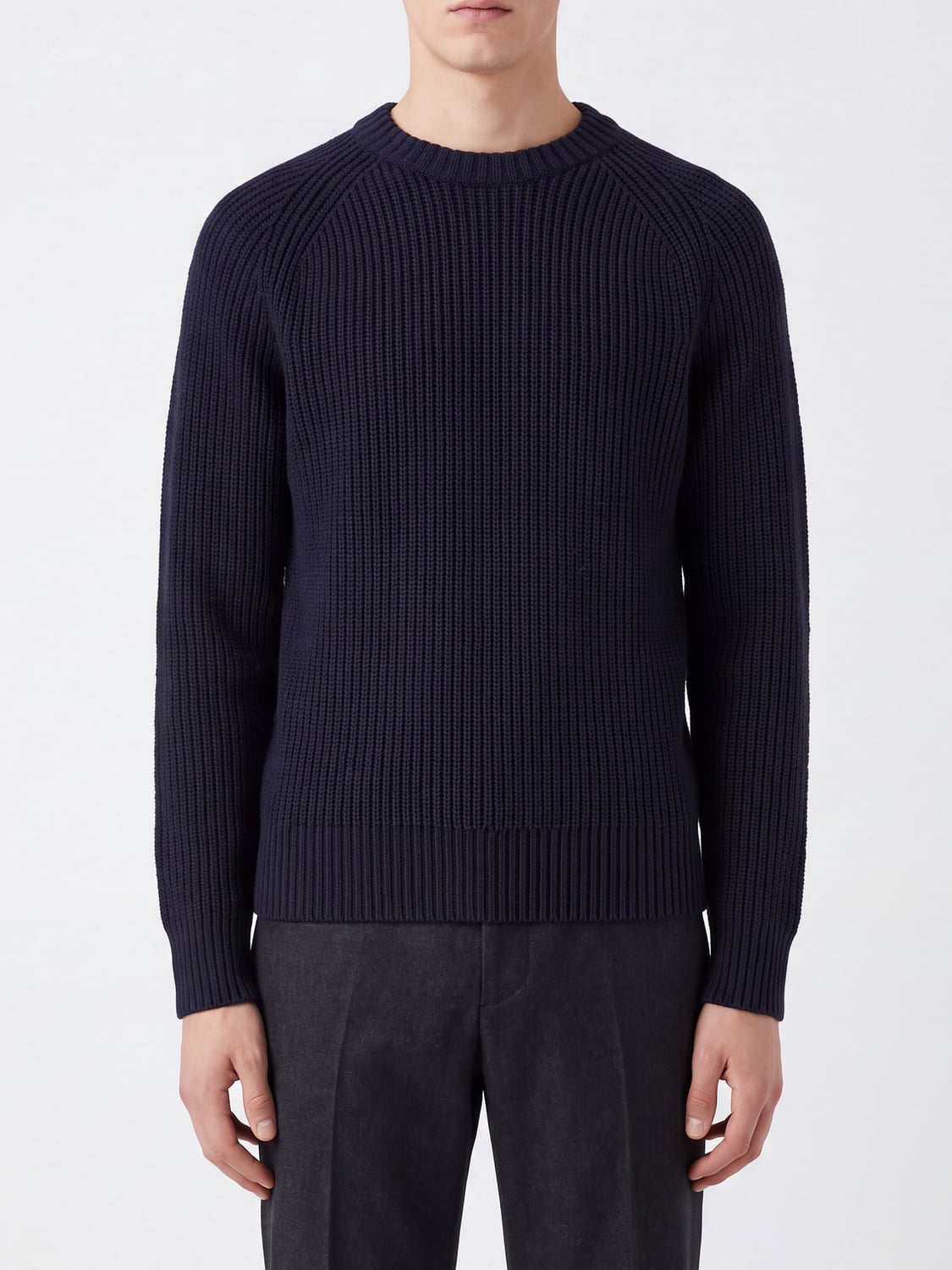 Closed Crewneck Jumper in Pure Wool with Long Sleeves and Ribbed Trims