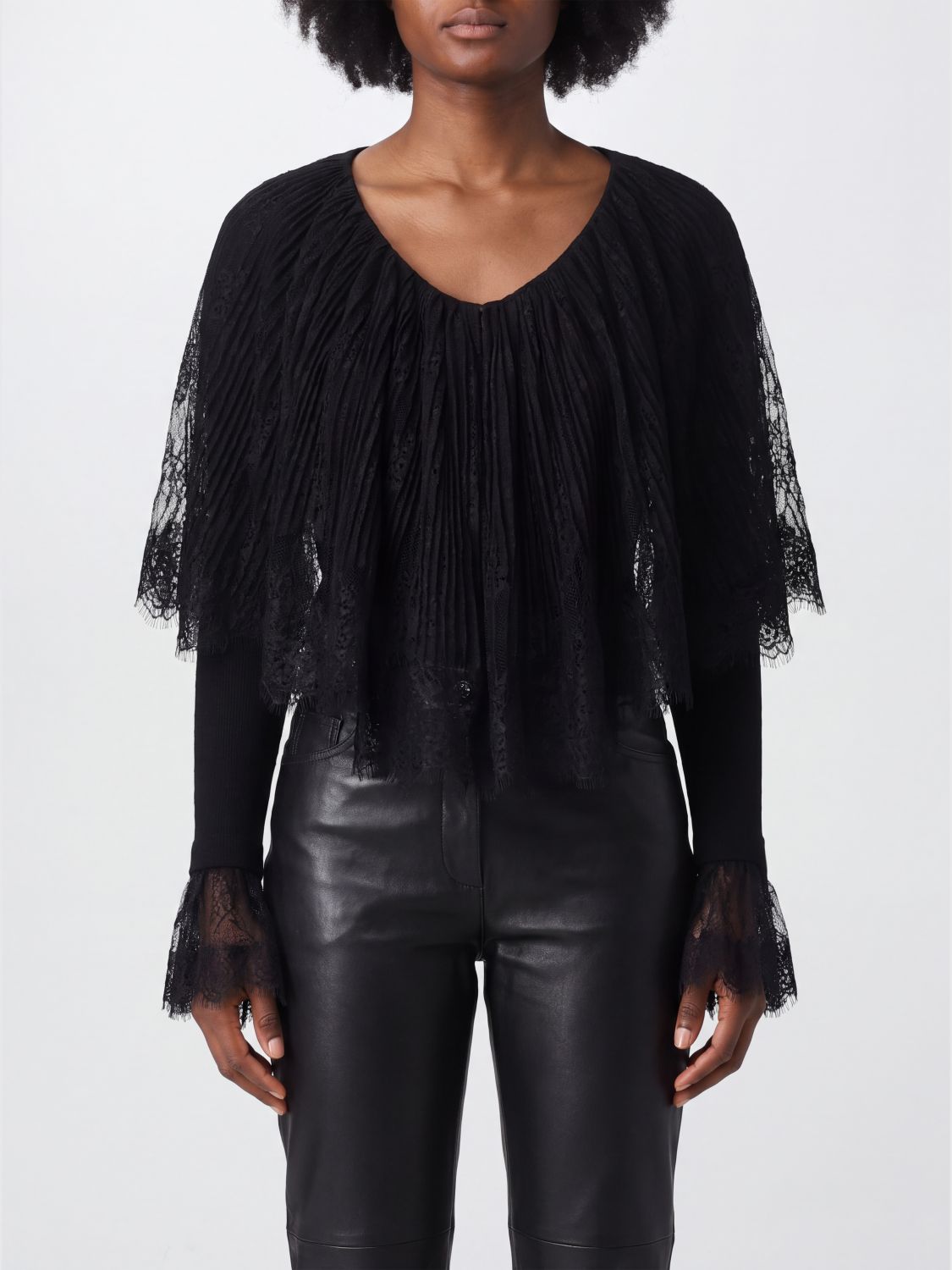 BLUMARINE Top in lana vergine con inserti in pizzo e scollo a V