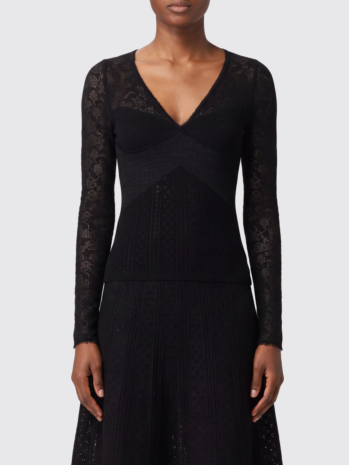 Zimmermann V-Neck Slim Fit Top in Wool Blend and Lace