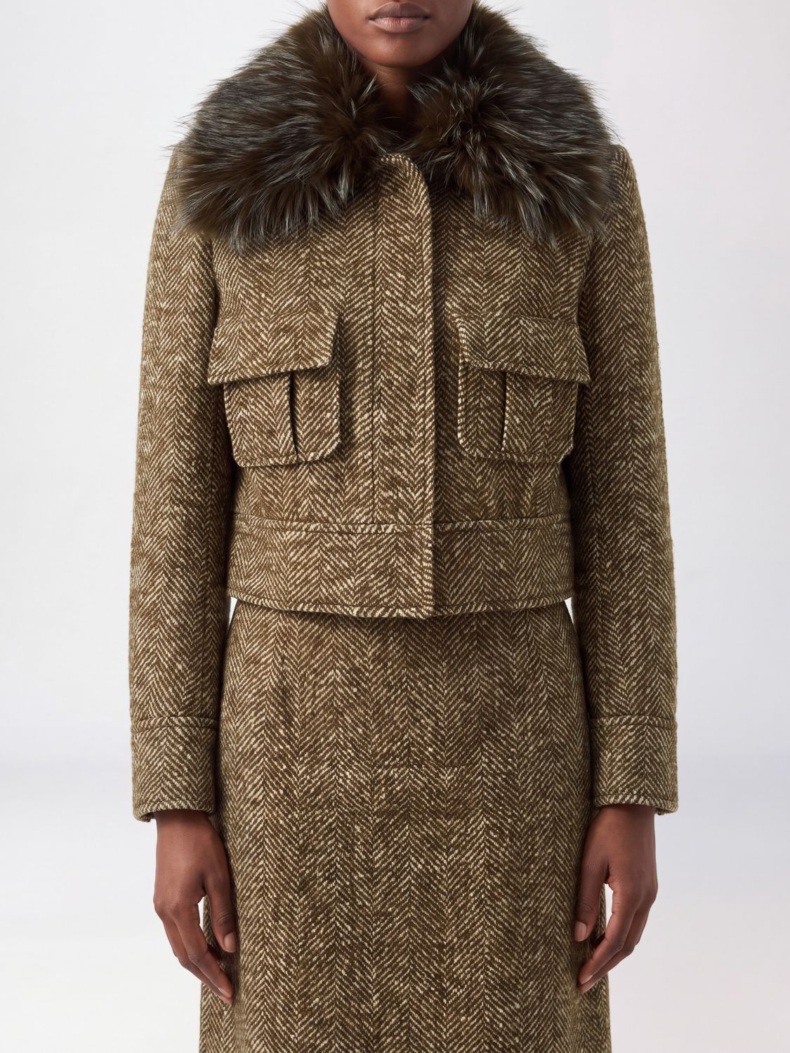 Zimmermann Chevron Wool Blend Short Coat with Fur Collar and Patch Pockets
