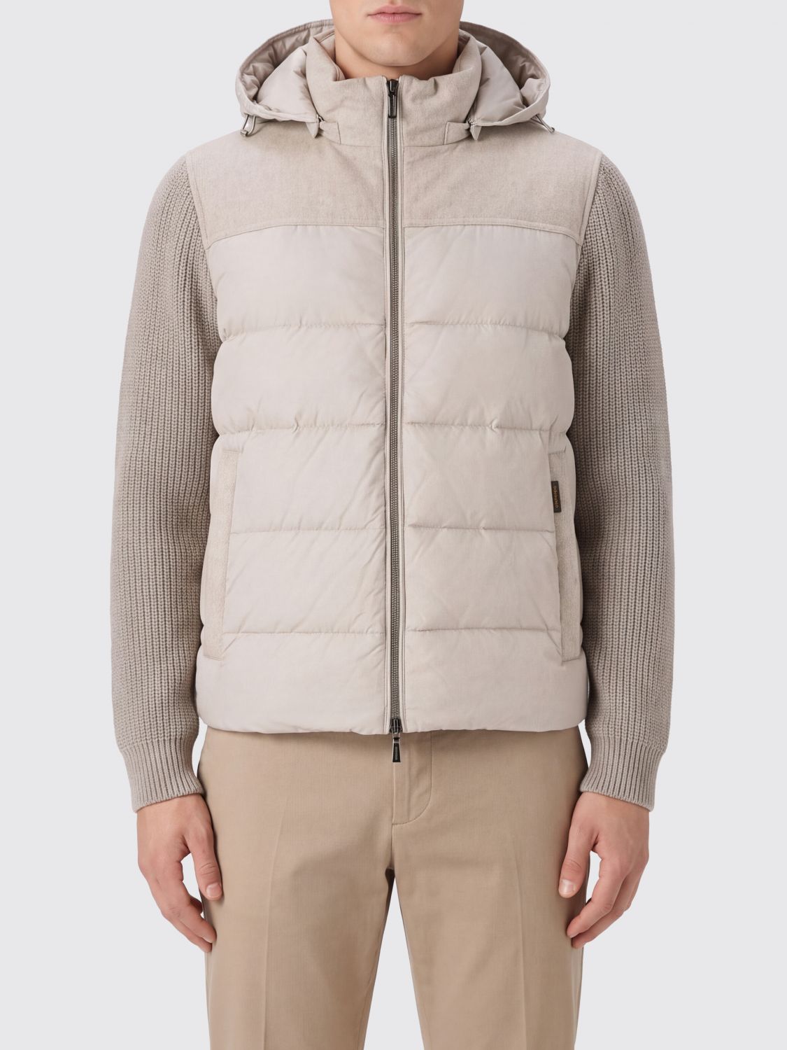 Moorer Short Hooded Down Jacket in Wool and Cashmere Blend