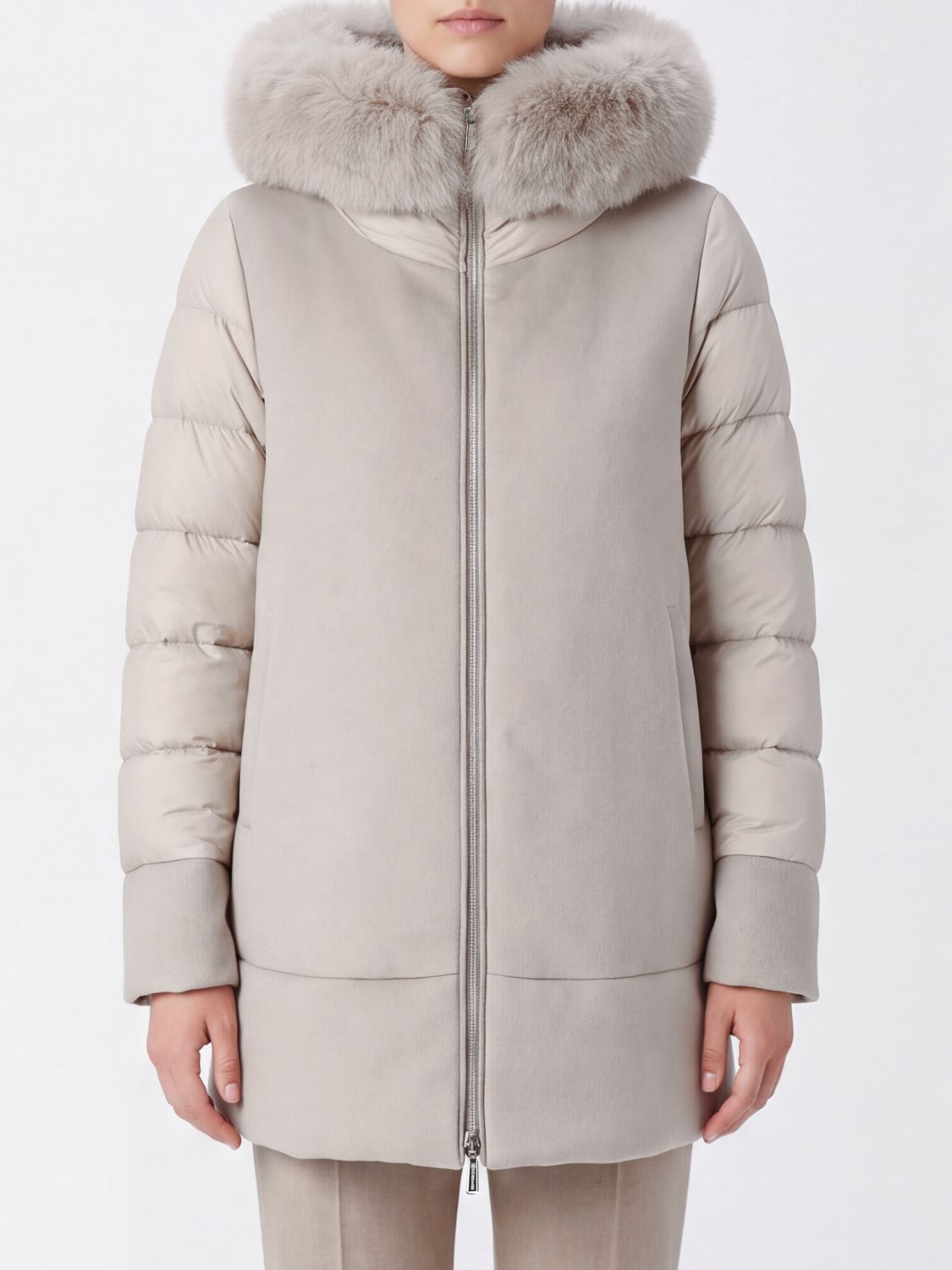 Moorer Quilted Knee-Length Coat in Wool and Cashmere with a Shearling Hood