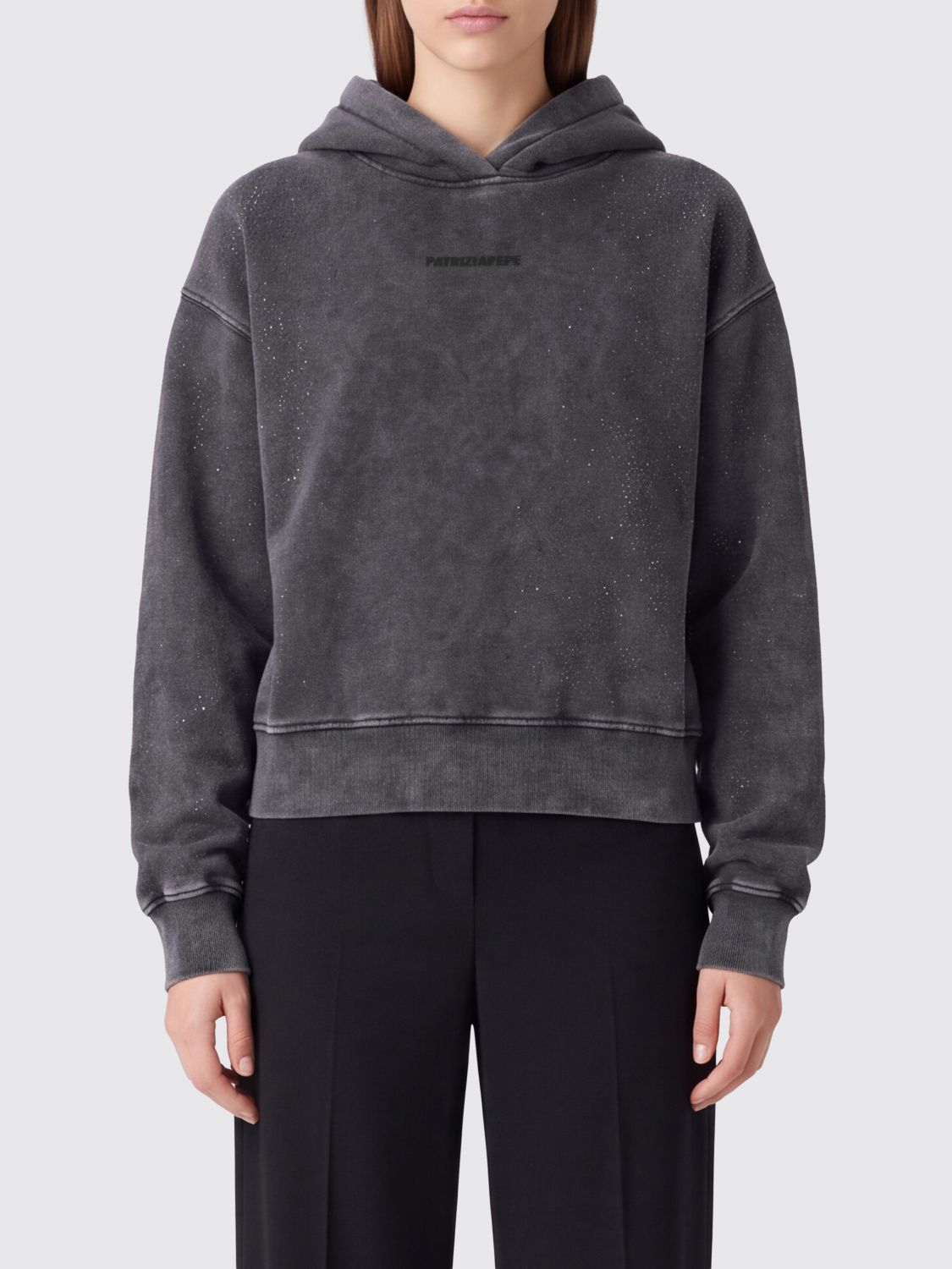 Patrizia Pepe Relaxed Fit Cotton Hoodie with Rhinestone Embroidery