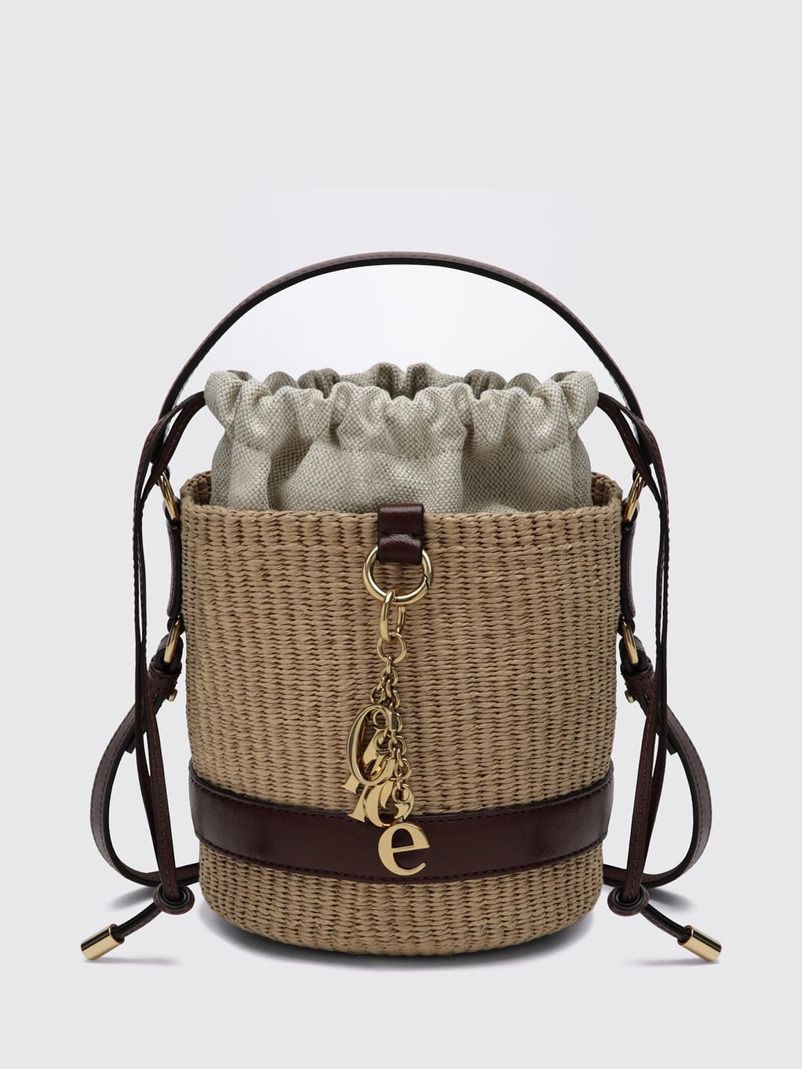 Chloé Raffia and Calfskin Leather Mini Bucket Bag with Metallic Logo