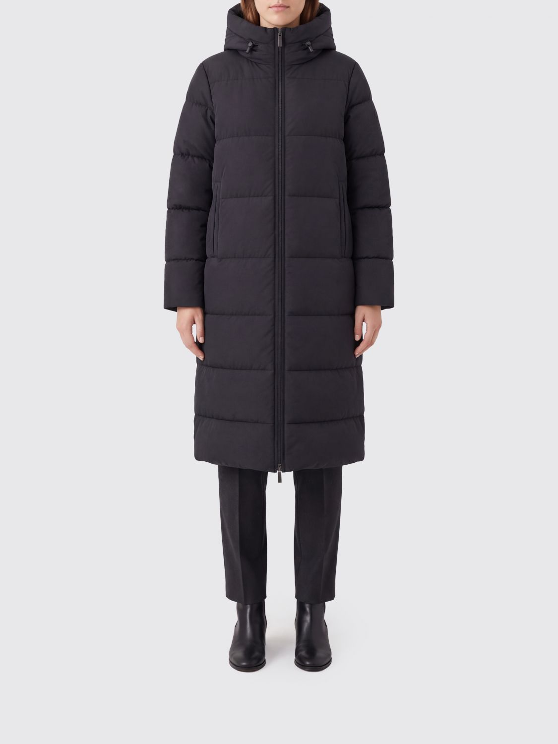 K-Way Long Quilted Down Jacket with Hood and Applied Logo