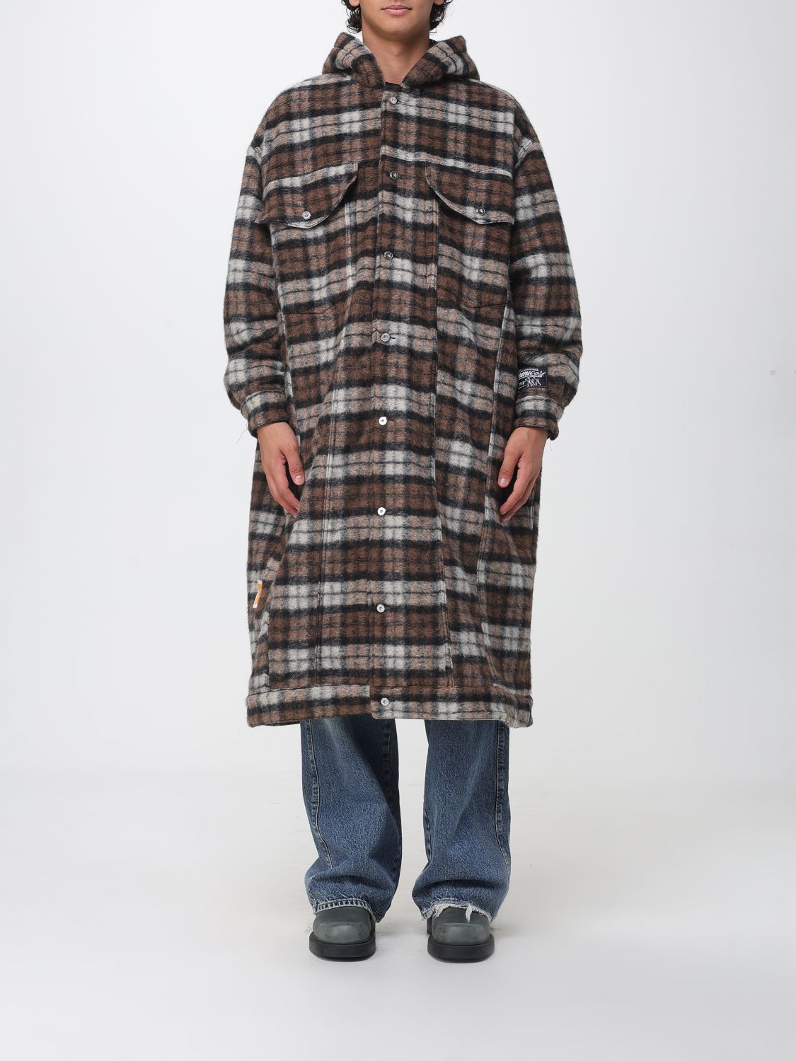 PDF Cappotto lungo oversize con cappuccio in misto lana con motivo check